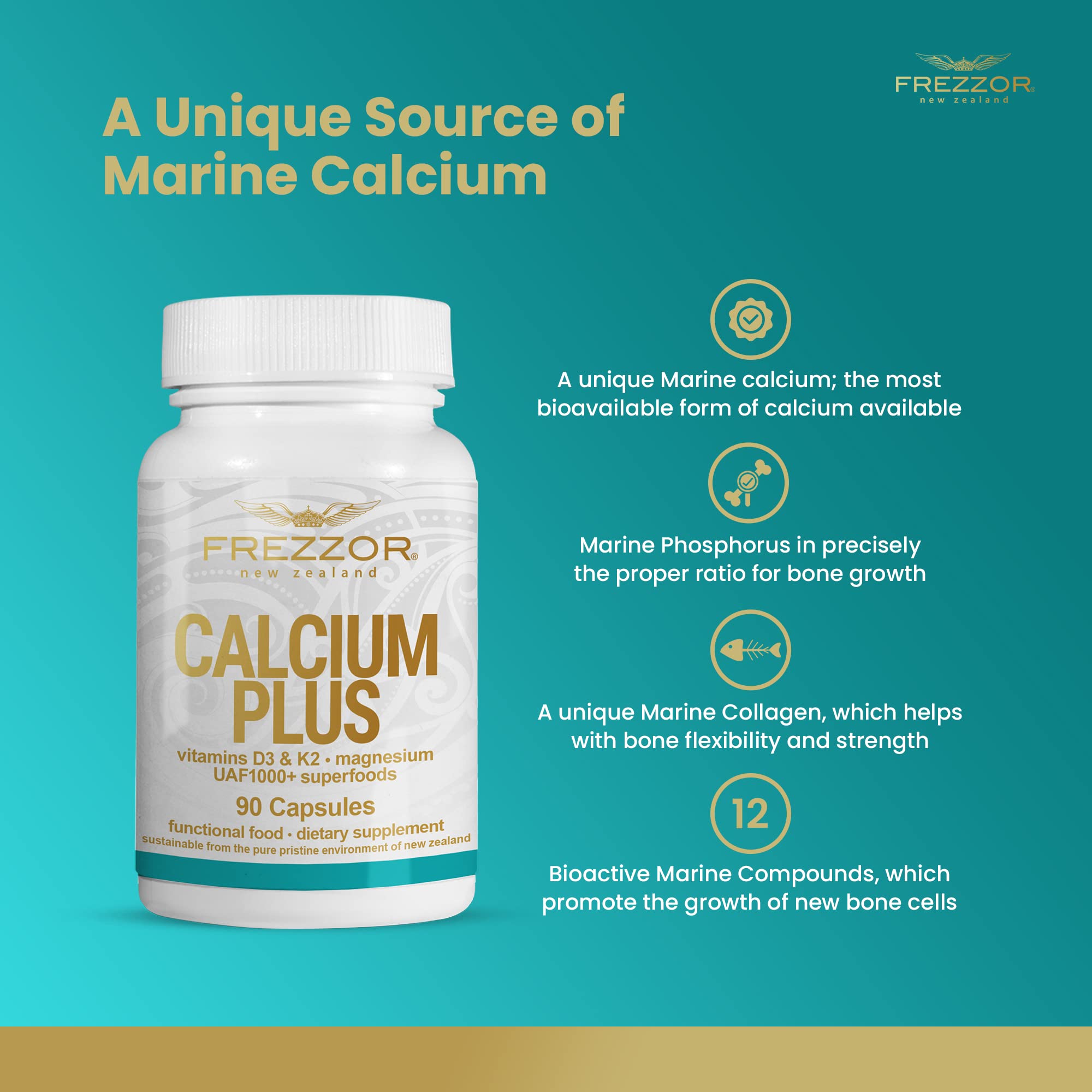 FREZZOR Calcium Plus with UAF1000+ | New Zealand Natural Raw Calcium Supplement for Bone Strength, Teeth Health & Cardiovascular Support | Contains Phosphorus, Magnesium, Collagen & Selenium | 90 Capsules per Bottle | Ideal for Daily Wellness, Active Lifestyles & Senior Health Support