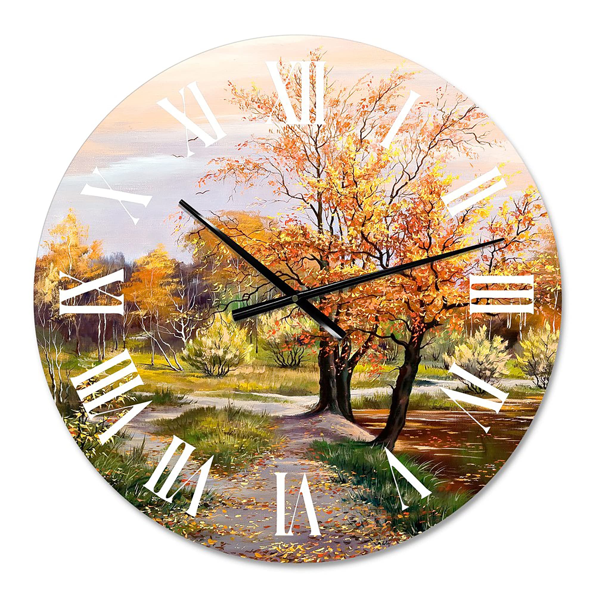 DesignQ Large Country Wall Clock 'River in The Orange Woods' - Nature Landscape Wall Clock for Home & Office Decor - Perfect for Living Room, Bedroom or Workspace