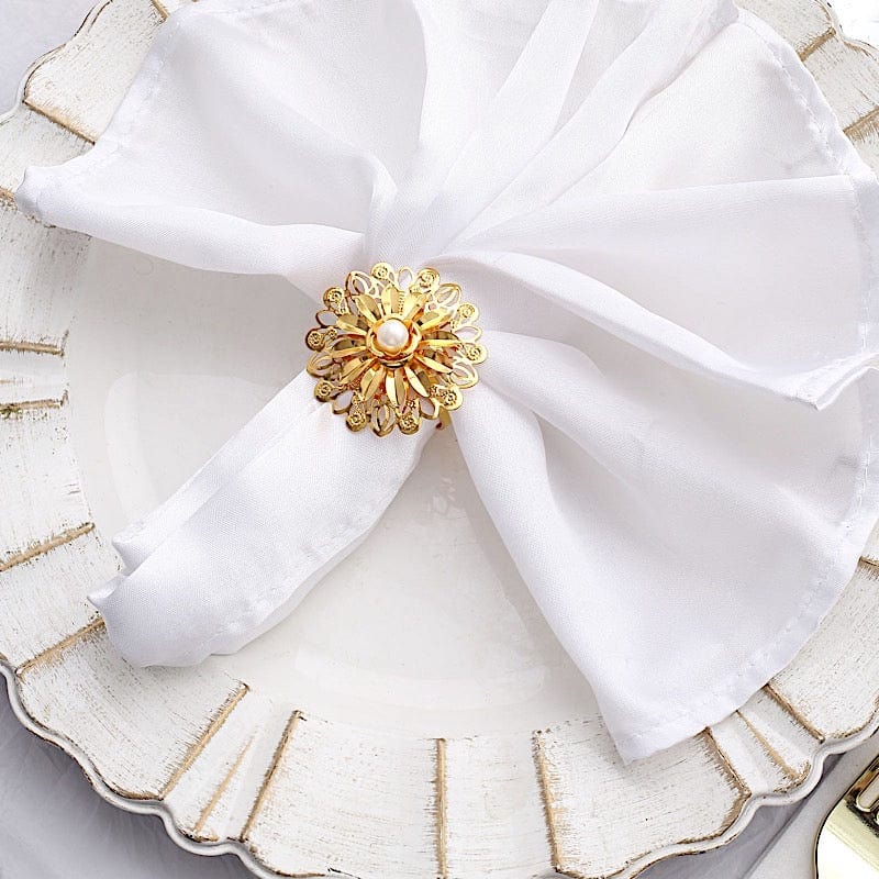4 Elegant Gold Metal Daffodil Flower Napkin Rings with Pearl Accents - Perfect for Wedding, Party, and Holiday Table Decor