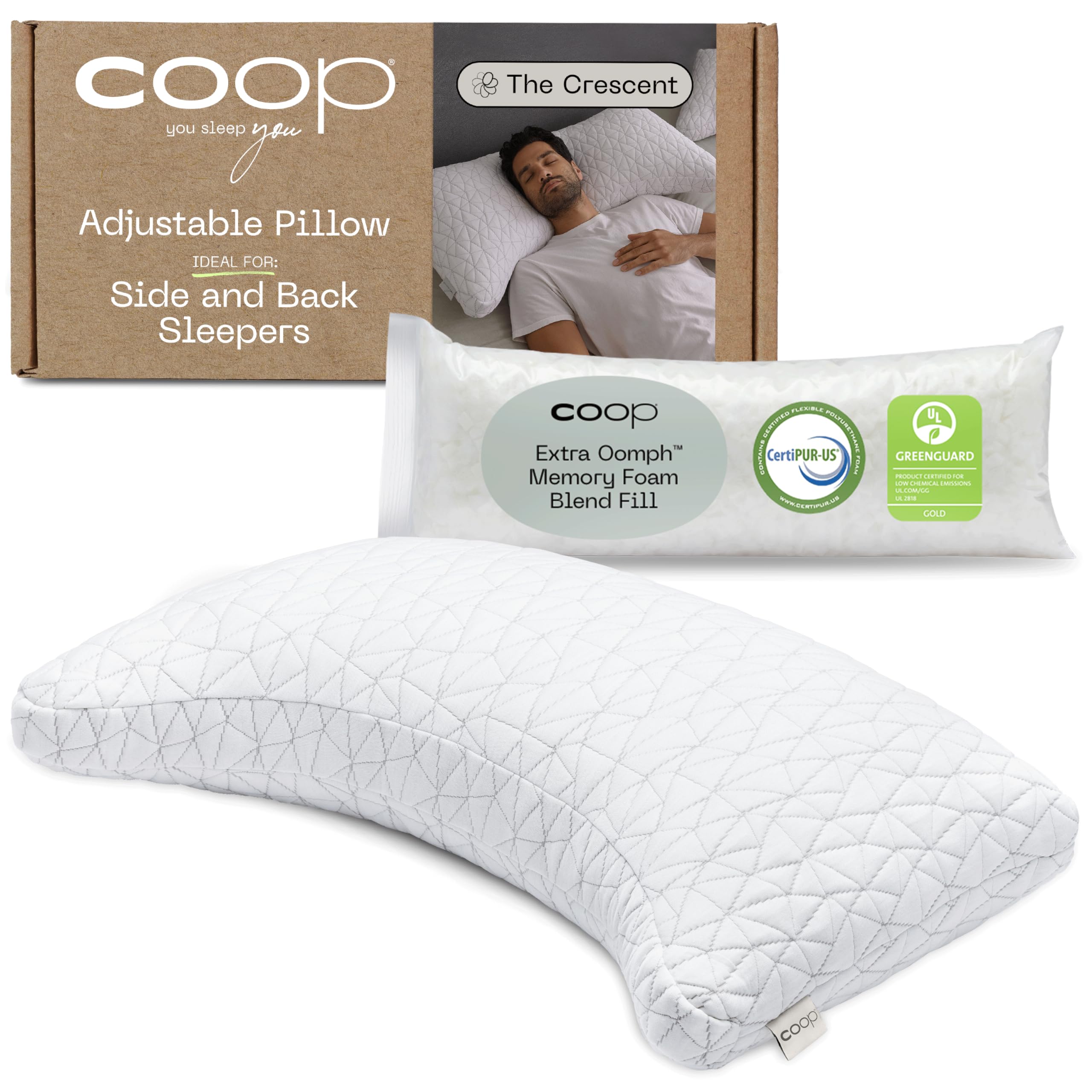 Coop Home Goods Original Crescent Adjustable King Size Pillow - Medium Firm Memory Foam for Back & Side Sleepers, Shoulder Neck & Head Support, CertiPUR-US & GREENGUARD Gold Certified - Perfect for Home, Office & Travel Use