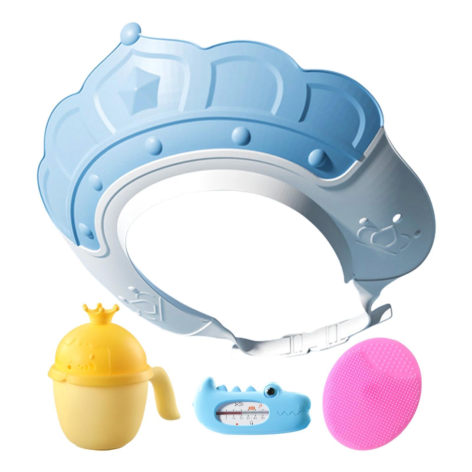 Waterproof Bathing Hat for Kids - Adjustable Hair Washing Shield with Built-in Temperature Gauge & Shampoo Cup | Includes Massage Brush for Gentle Hair Care | Perfect for Toddler Bath Time, Spa Days & Sensitive Scalp Care