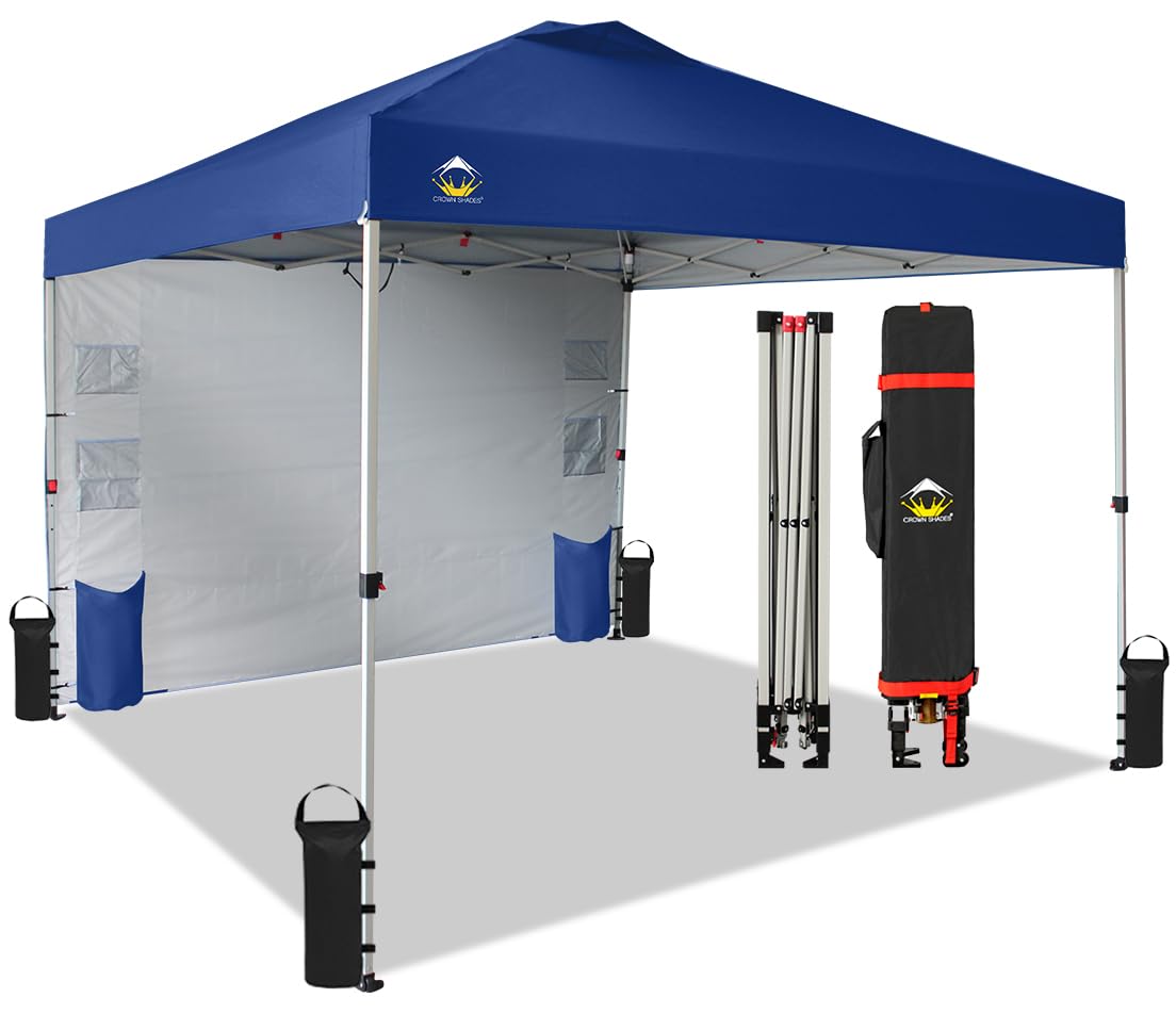 10x10 Pop Up Canopy Tent with Sidewalls & Pockets - Easy One-Person Setup Instant Sun Shelter for Camping, Beach, Backyard, Picnics & Outdoor Events - Portable Navy Blue Canopy with Center Lock System