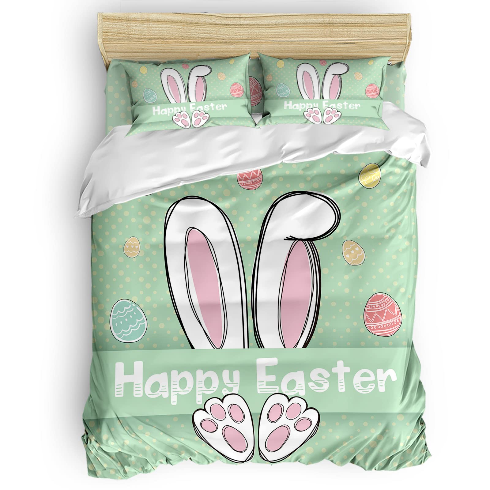 4Pcs King Size Duvet Cover Set - Easter Bunny Ear Paw Polka Dot Design, Soft Bedding Sheet with Zipper Closure for Cozy Sleep | Perfect for Easter Decor, Kids Room & Spring Home Styling