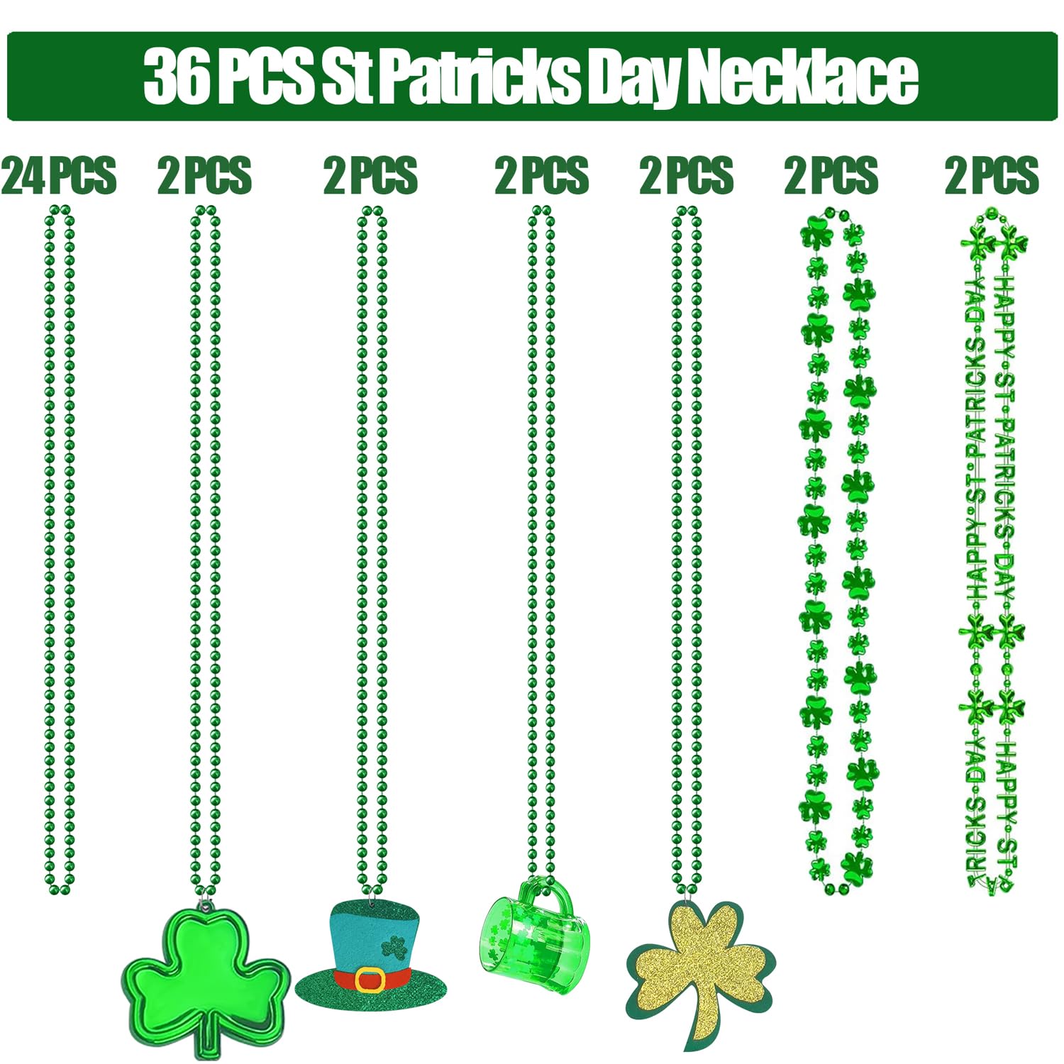 St. Patrick's Day Shamrock Necklace for Women - Bulk Green Beaded Irish Pendant Accessories - Party Favors & Decorations for St. Patty's Day Celebrations, Parades & Irish-Themed Events