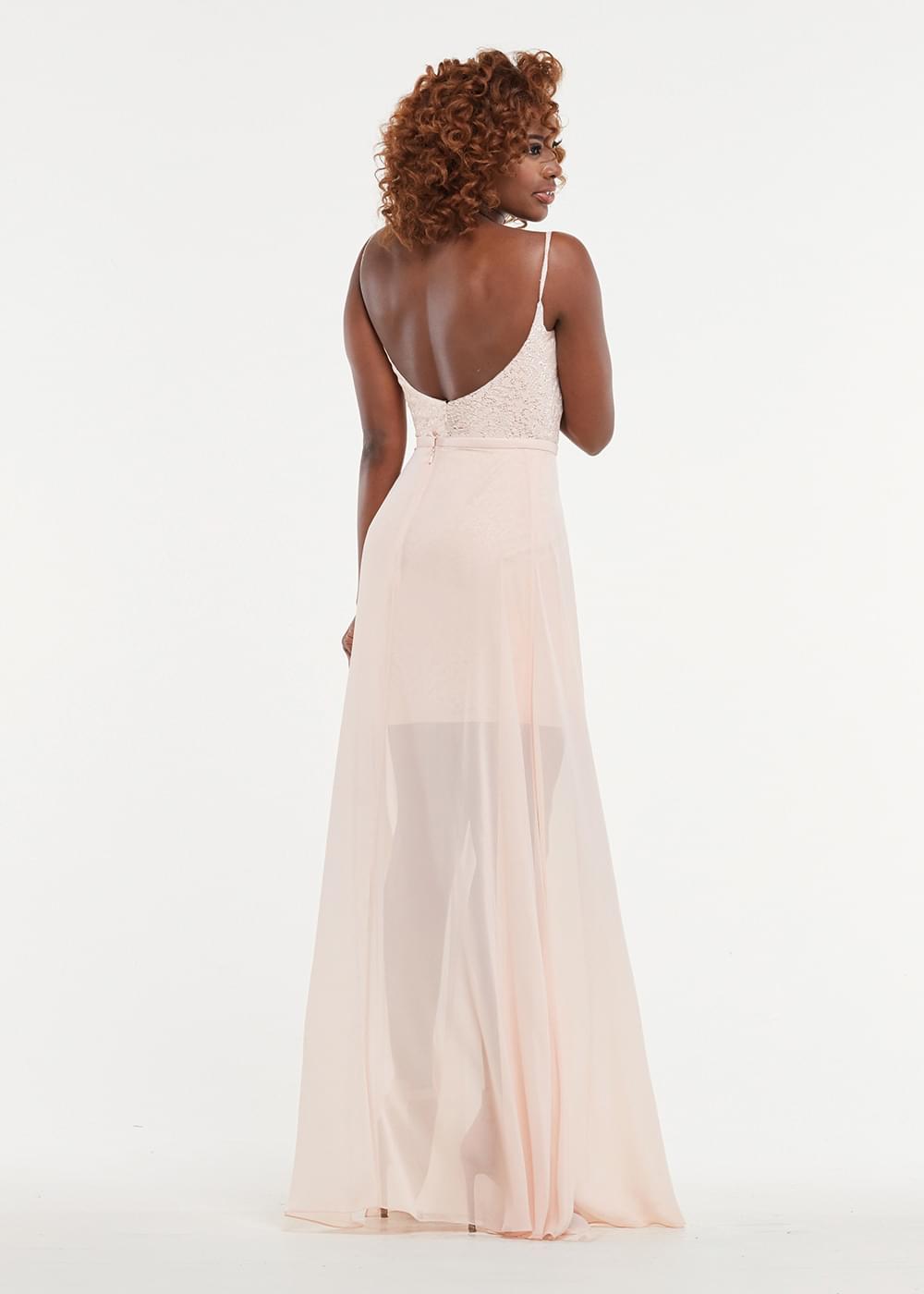 Elegant 80161 Tea Length Lace Bridesmaid Dress with Detachable Chiffon Skirt - Perfect for Weddings, Formal Events & Special Occasions