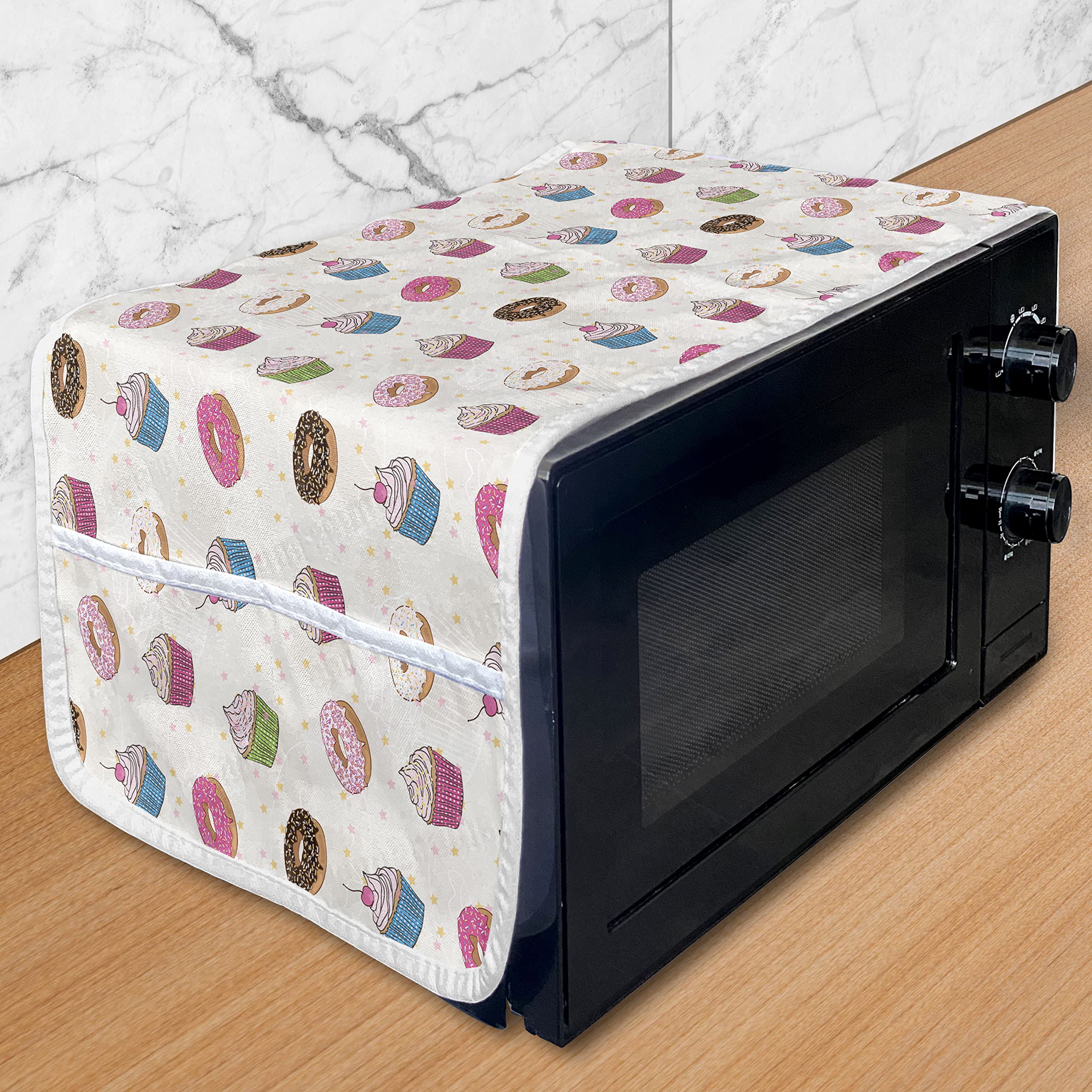 Ambesonne Bakery Microwave Cover - Hand Drawn Cartoon Cupcakes & Donuts Design, Waterproof Kitchen Organizer with Pockets, 36