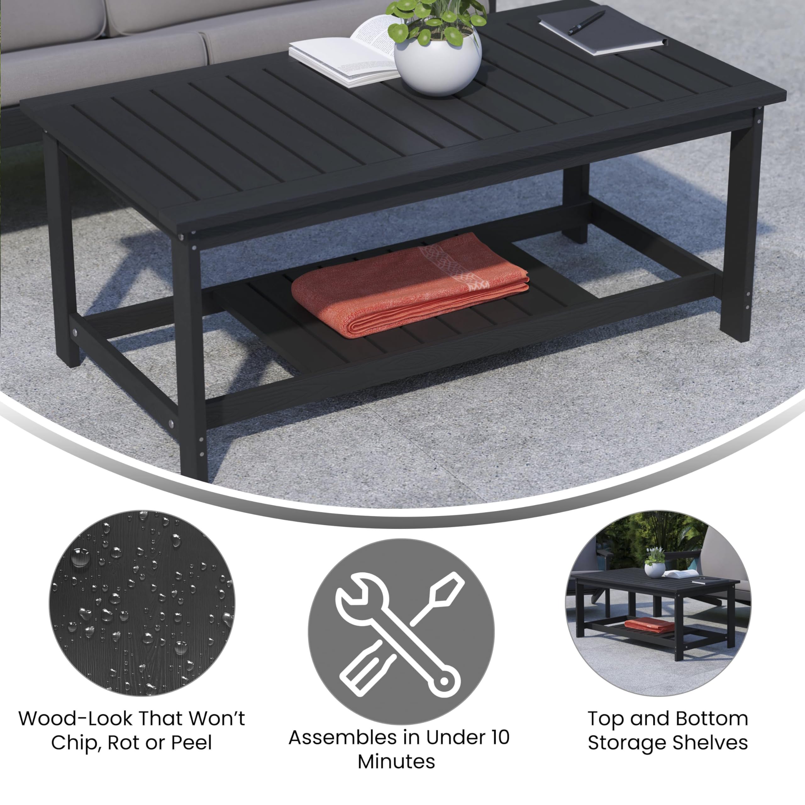 Two-Tiered Commercial Grade Adirondack Coffee Table - Durable Black Poly Resin Wood - All-Weather Outdoor Furniture - Slatted Shelf Design - Perfect for Patio, Deck, Garden, and Poolside Relaxation