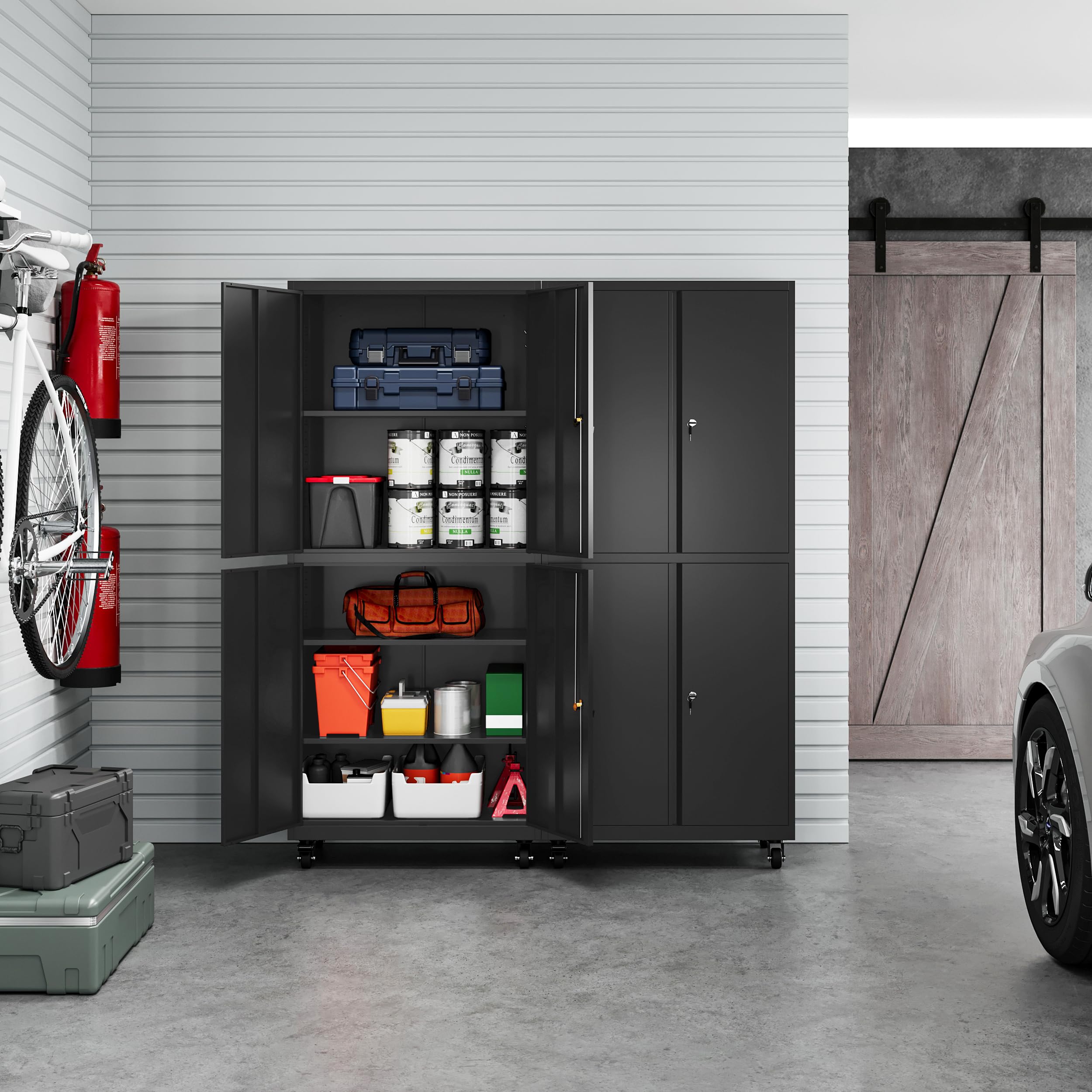 Heavy Duty Metal Storage Cabinet - Adjustable Shelves, Lockable Doors & Pegboard for Garage Tool Organization - Black | Perfect for Workshop, Garage & Home Storage