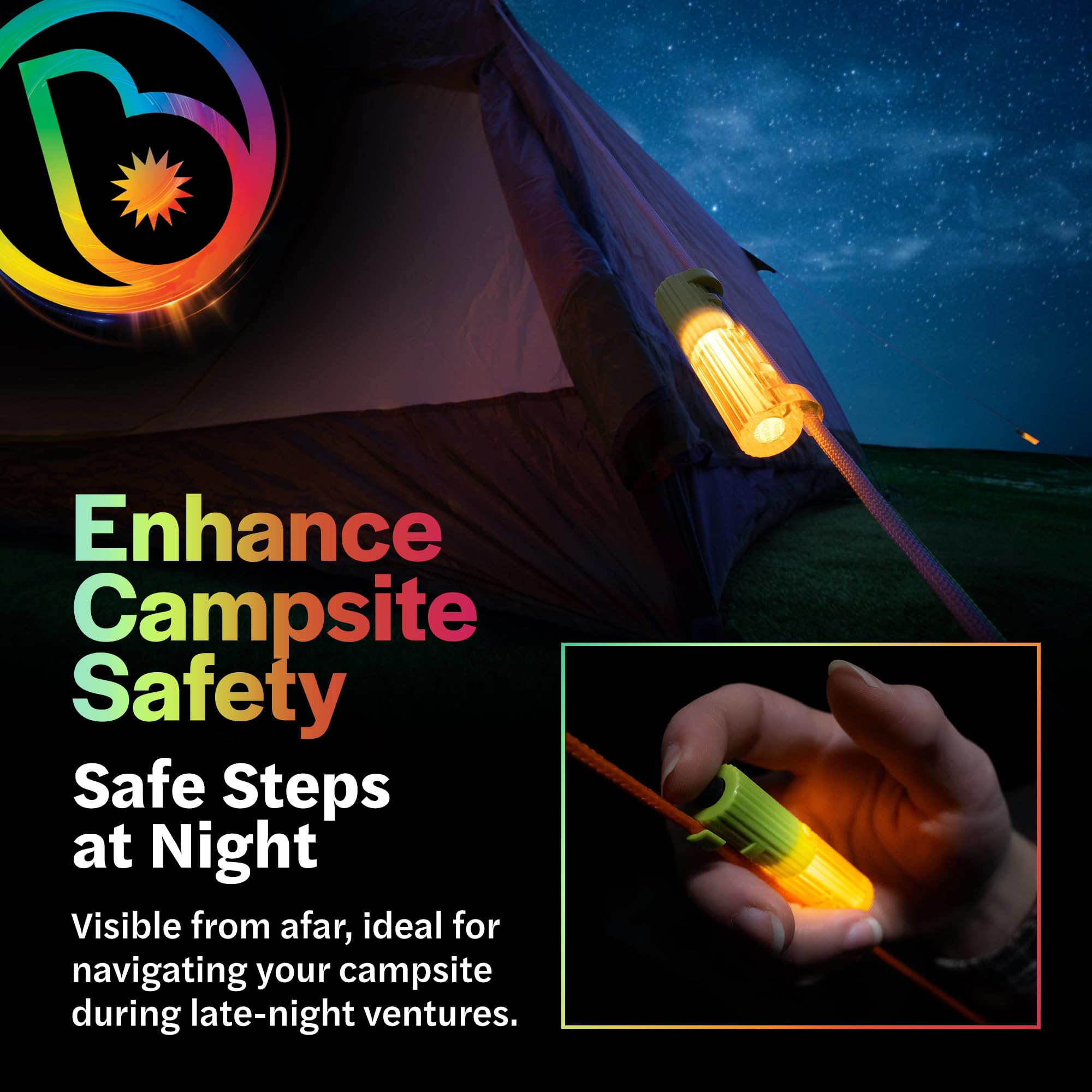 Brightz LED Tent String Lights - Waterproof & Durable Camping Lights for Outdoor Safety - Keep Tent Guy-Lines Visible at Night - Perfect for Camping, Backpacking, Hiking & Emergency Lighting