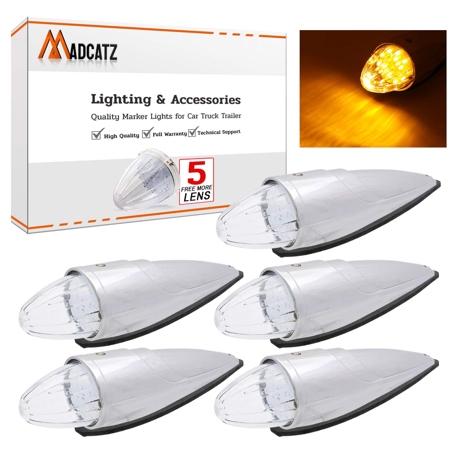 MADCATZ 15.5 Inch Amber LED Clear Lens Torpedo Cab Marker Lights (Pack of 5) - 12V DC Waterproof Roof Running Lights for Trucks & Trailers - Durable Chrome Housing for Heavy Duty Vehicles | Perfect for Semi Trucks, RV Campers, Commercial Trailers & Off-Road Vehicles