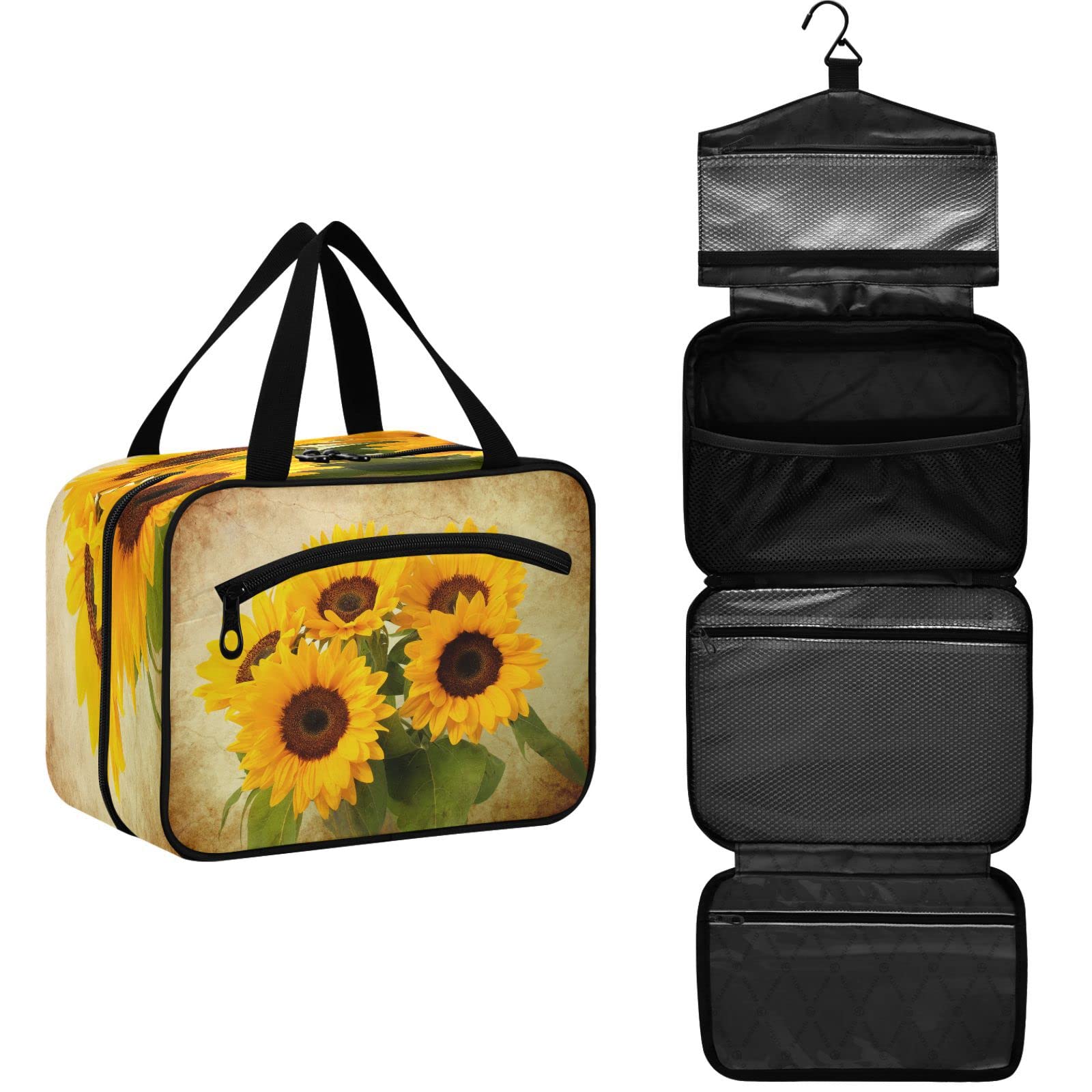 Sunflower Shabby Chic Hanging Toiletry Bag - Large Waterproof Cosmetic Organizer for Women & Girls | Perfect for Travel, Gym, and Daily Makeup Storage