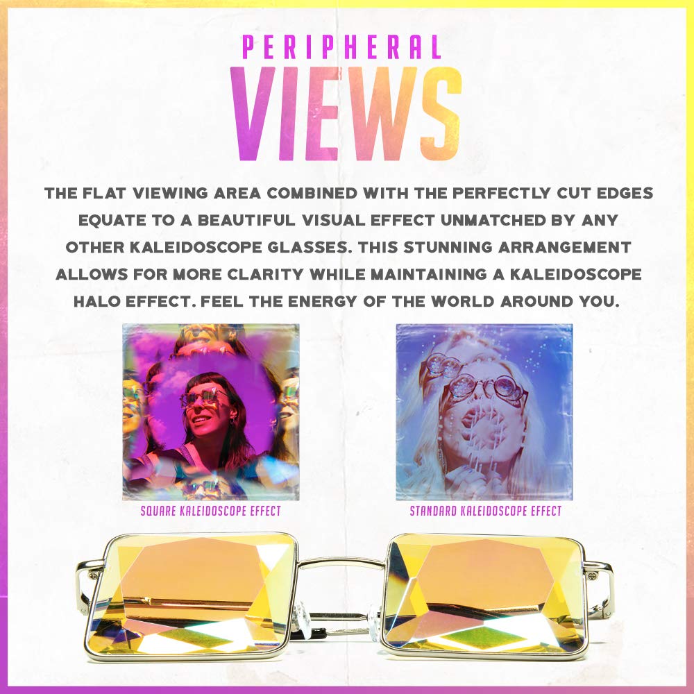 GloFX Square Kaleidoscope Glasses - Metal Frame Rainbow Light Diffraction Prism Glasses for EDM Festivals, Rave Parties, Concerts & Visual Entertainment