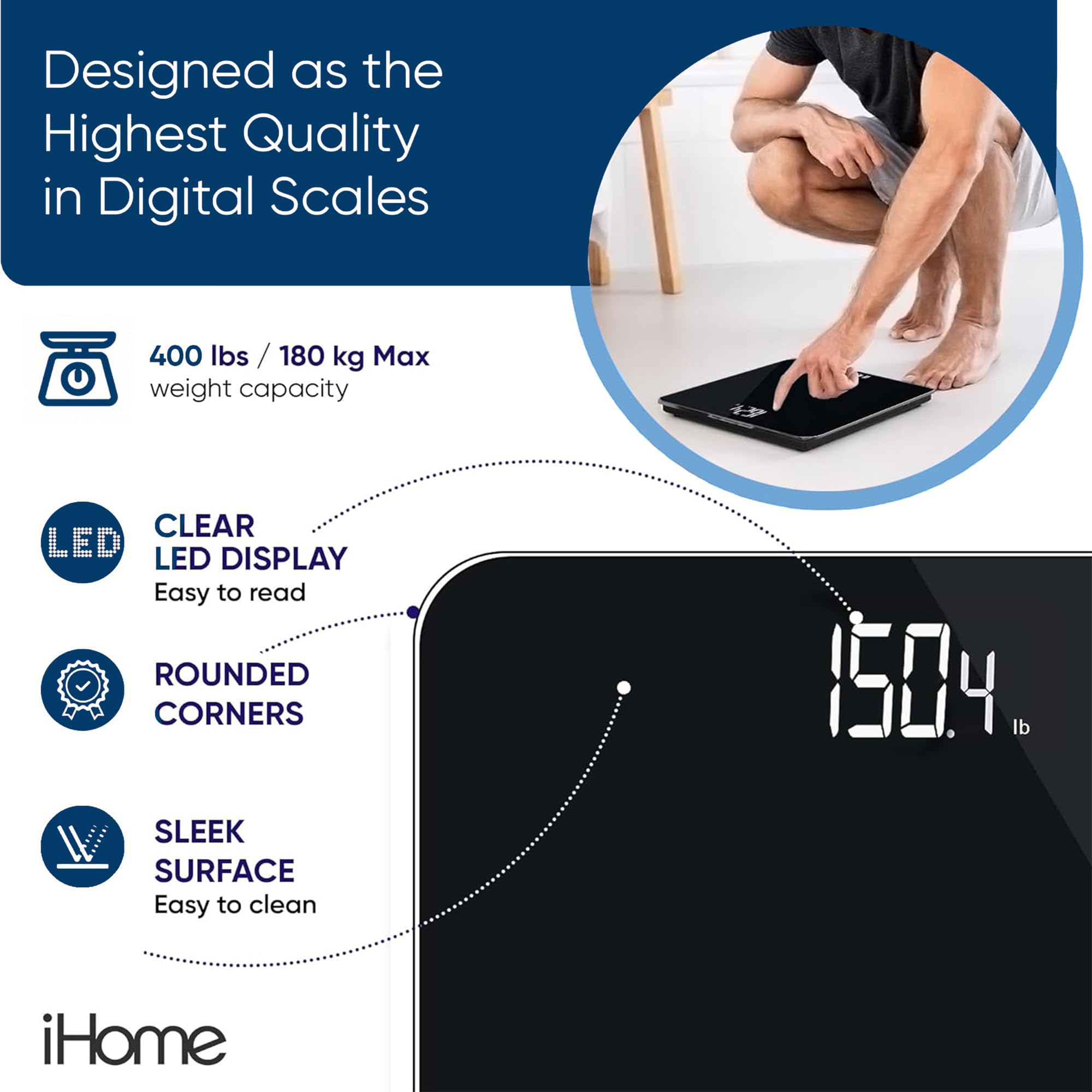 iHome Digital Bathroom Scale with Batteries Included - Accurate Body Weight Measurement in Pounds & Kilograms - Black - Perfect for Home, Gym & Health Tracking
