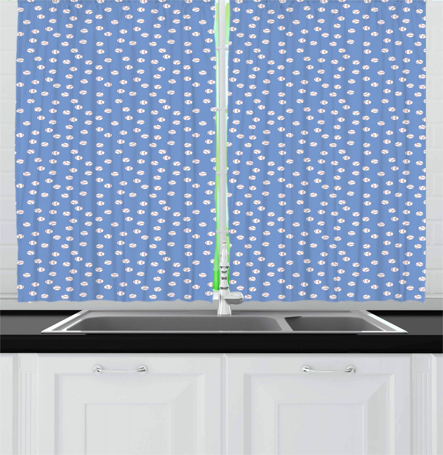 Ambesonne Baseball Kitchen Curtains - Softball Themed Window Drapes with Blue Background & Balls Design, 2 Panel Set for Kitchen & Cafe Decor (55