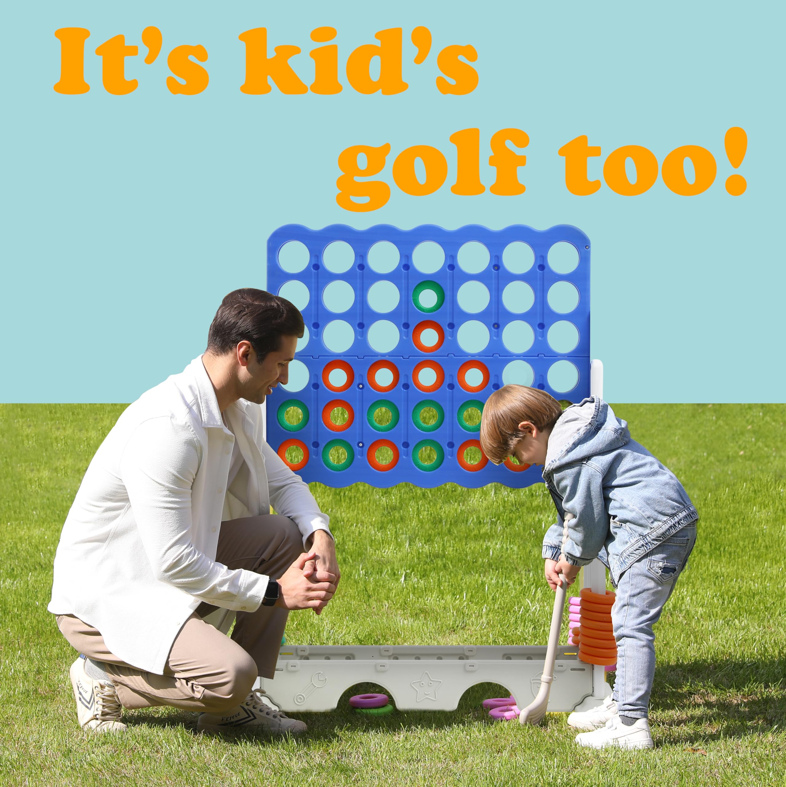 SDADI Adjustable Height Giant 4-in-a-Row Connect Game Set - 2-in-1 Jumbo 4-to-Score & Golf Party Game for Kids, Adults & Family - Indoor/Outdoor Backyard Lawn Games for Picnics, BBQs & Family Gatherings (White)