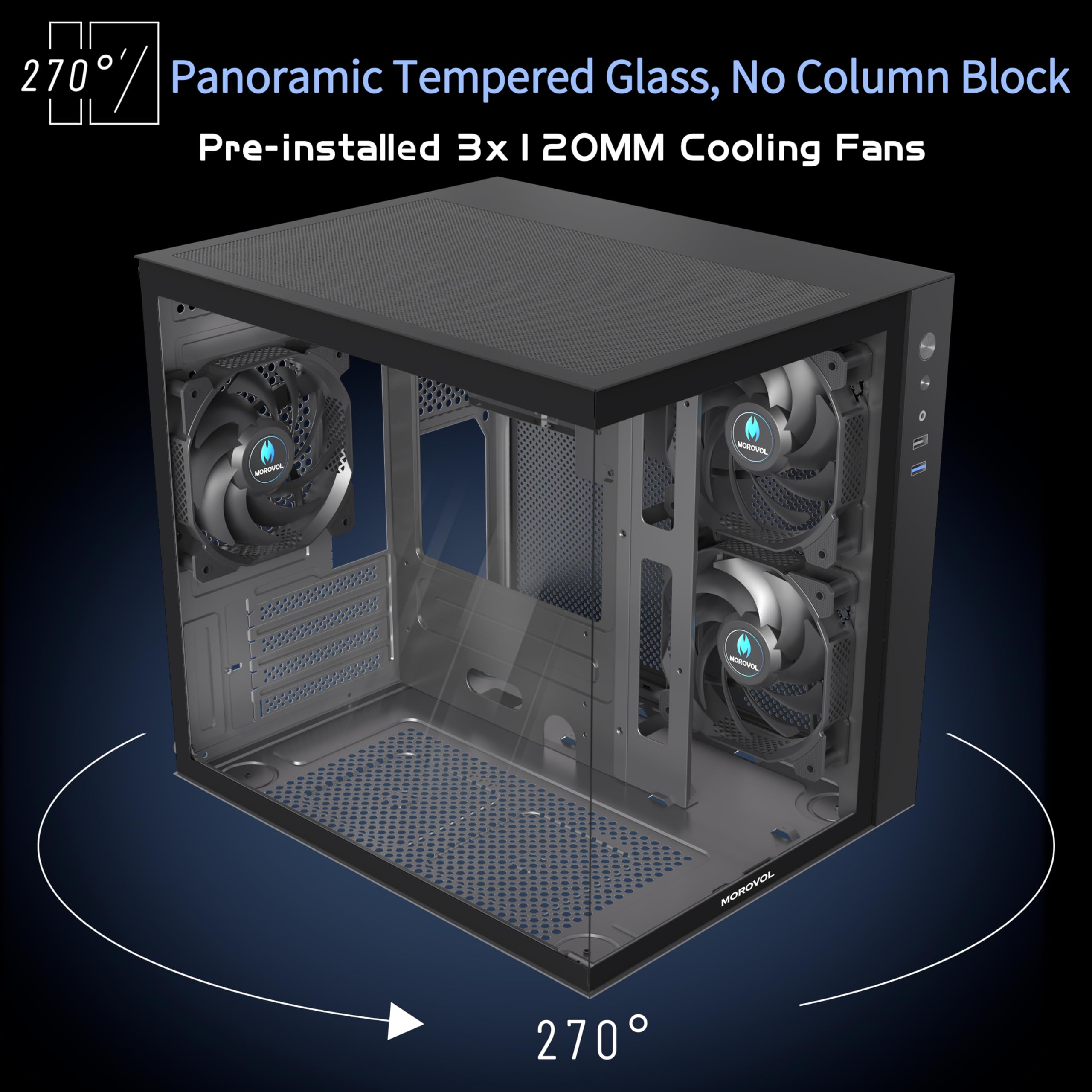 MATX PC Case - 270° Panoramic Tempered Glass Gaming Computer Case with 3 Pre-Installed RGB Fans, USB 3.0 Ports, Micro-ATX/Mini-ITX Compatible - Perfect for Gaming Rigs & Streaming Setups (Black V3)