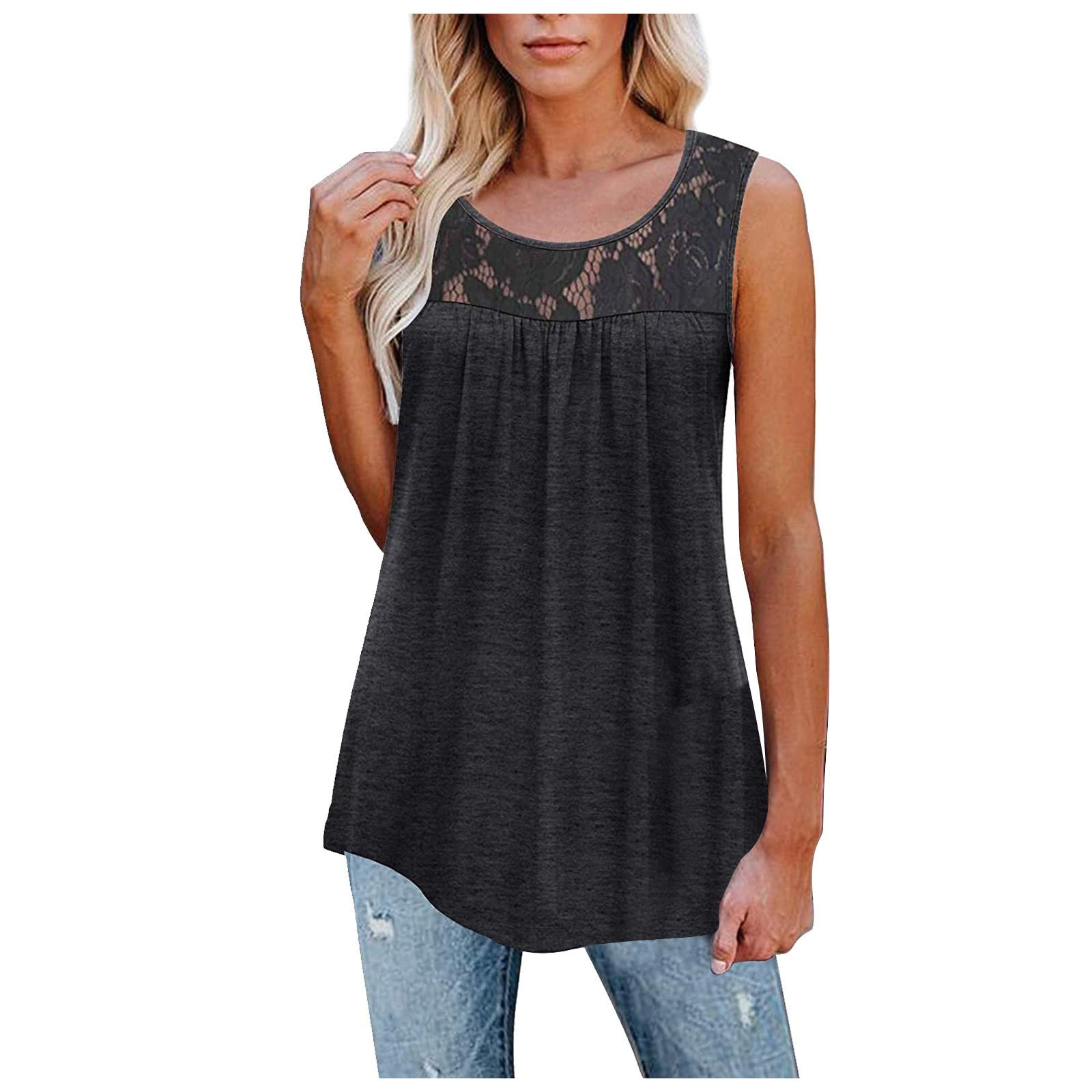 Women's Loose Fit Lace Tank Top - Sleeveless Blouse Tunic with Ruffle Detail for Casual Wear, Summer Outfits & Active Lifestyle