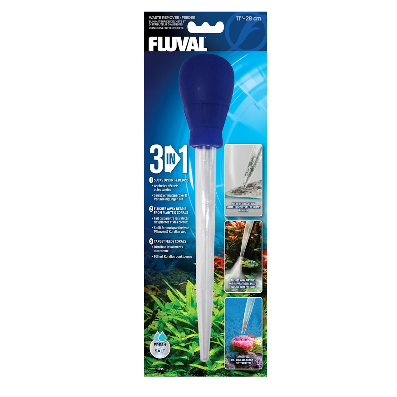 Fluval 3-in-1 Aquarium Cleaner, Fish Tank Waste Remover & Feeder - 11 Inch (28 cm) for Easy Water Maintenance & Fish Feeding - Perfect for Freshwater & Saltwater Tanks