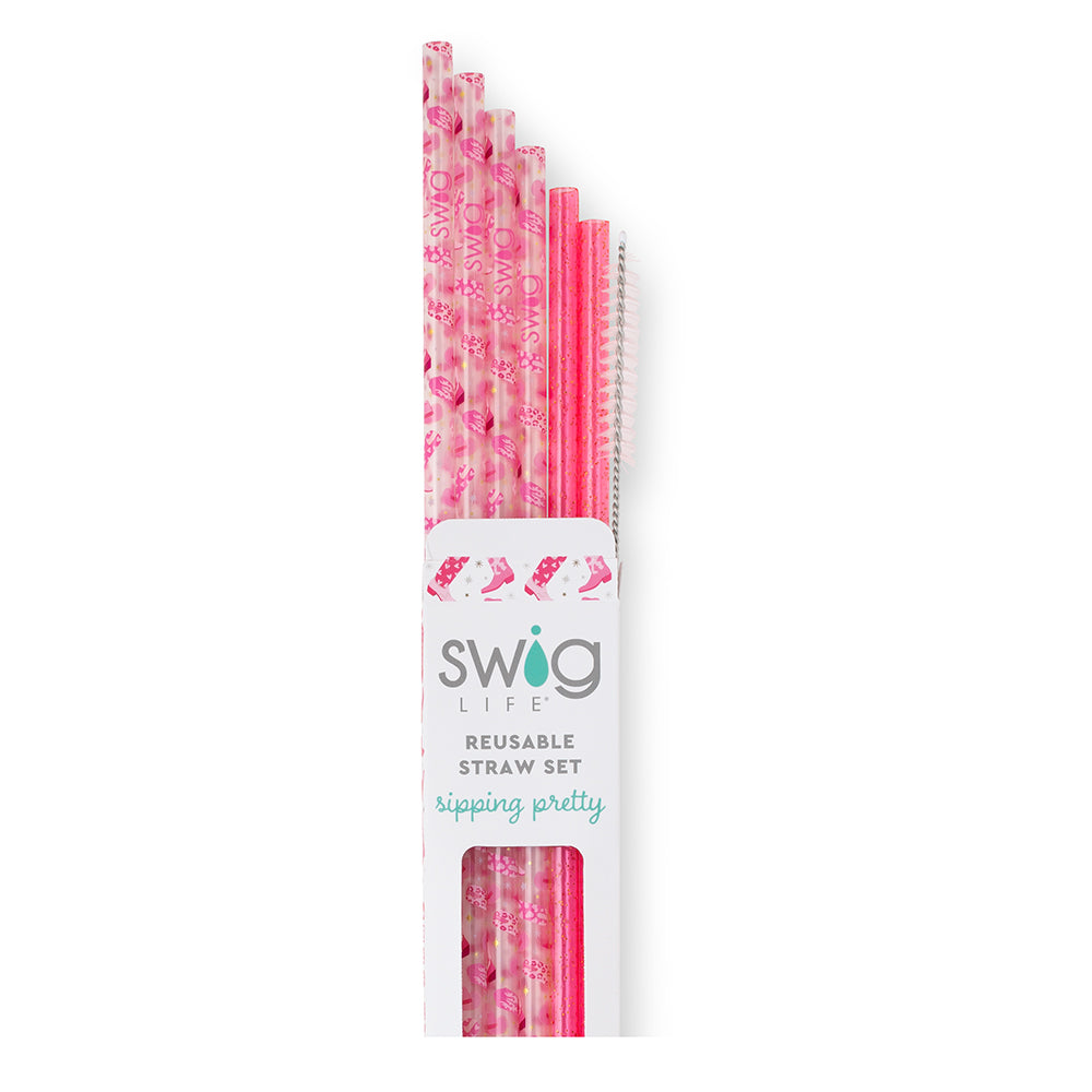 Pink Glitter Reusable Straw Set for Women - 10 Pack Eco-Friendly Metal Drinking Straws with Cleaning Brush | Perfect for Parties, Travel, and Home Use