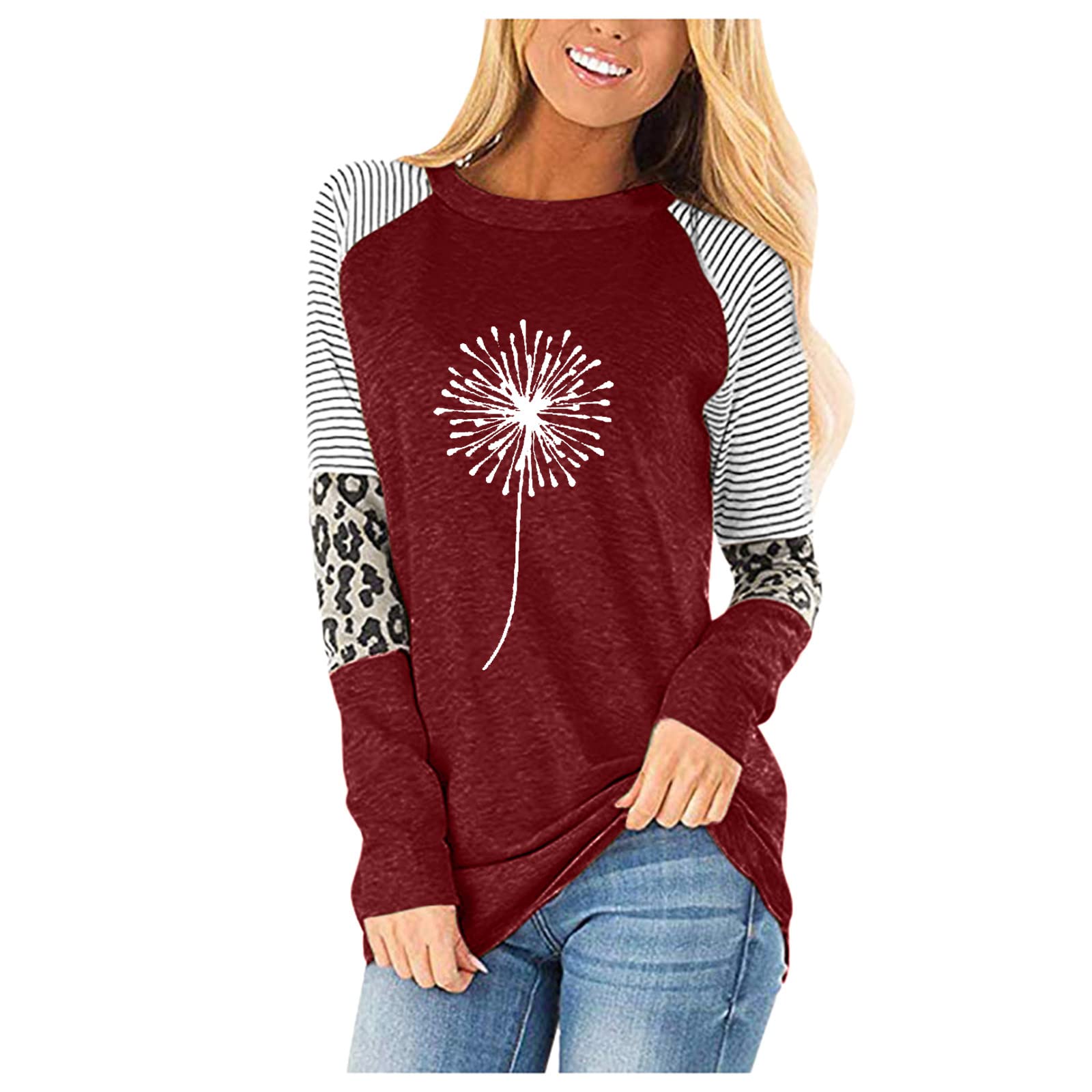 Women's Fall Color Block Round Neck Tunic Tops - Long Sleeve Casual Loose Blouse Shirts for Autumn | Perfect for Office Wear, Weekend Outings & Layering
