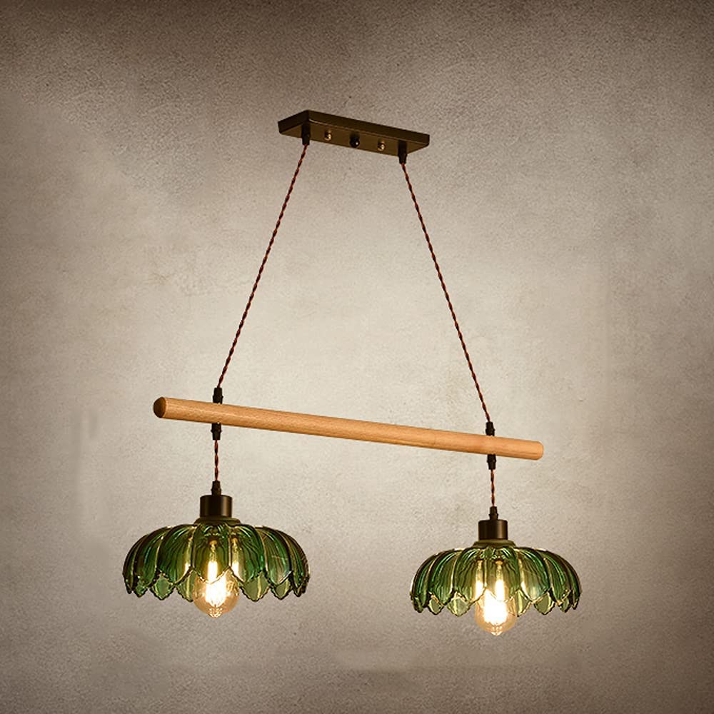ACLBLK European Industrial Retro Farmhouse Style Adjustable Hanging Ceiling Light - 100cm Rustic Wooden Pole Chandelier with Glass Shade, E27 Bulb Base - Perfect for Kitchen, Bar, Dining Room & Living Room Lighting