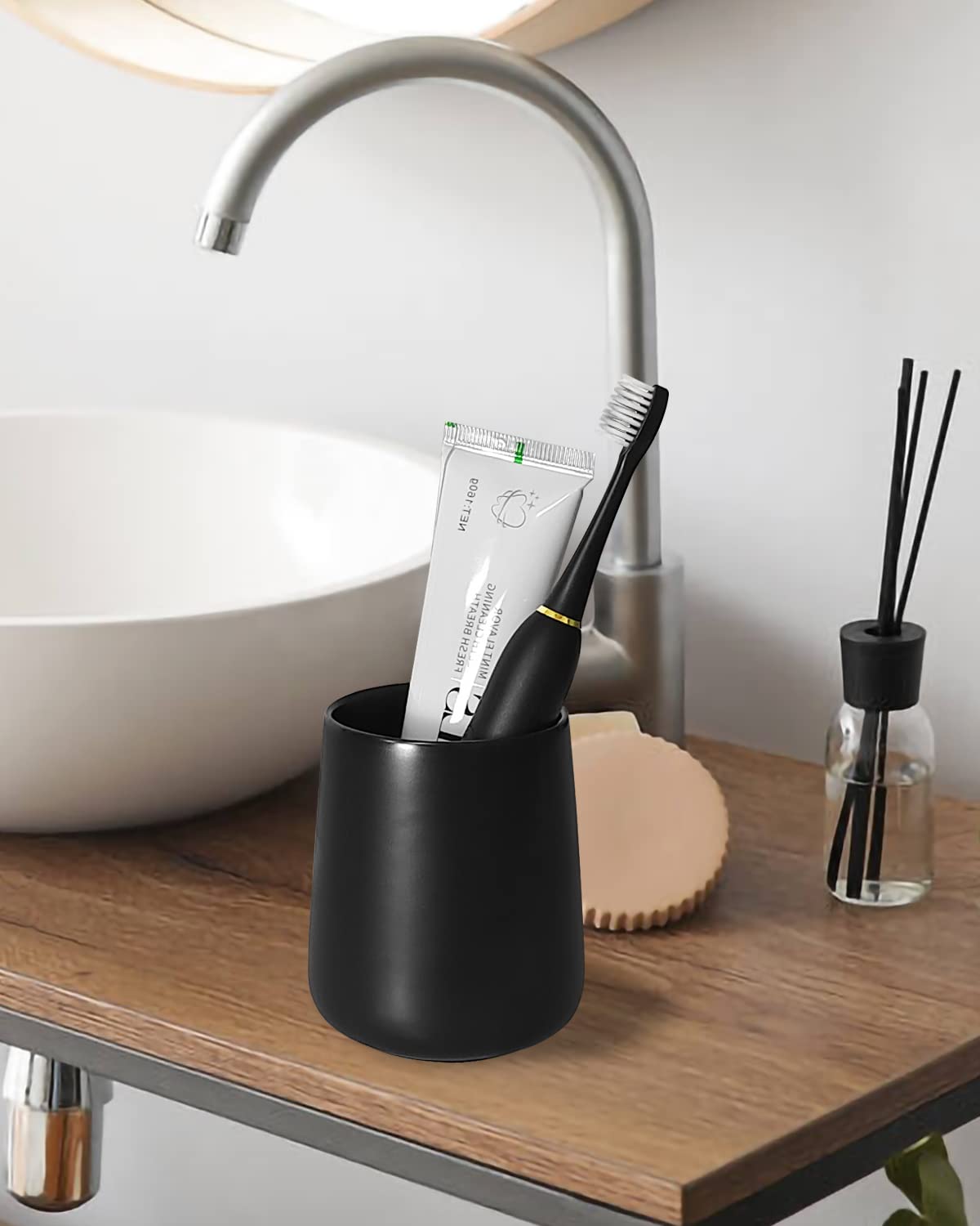 Matte Black Ceramic Toothbrush Holder & Toothpaste Organizer - Bathroom Countertop Storage Stand for Home Decor | Perfect for Modern Bathrooms, Vanities, and Dresser Organization