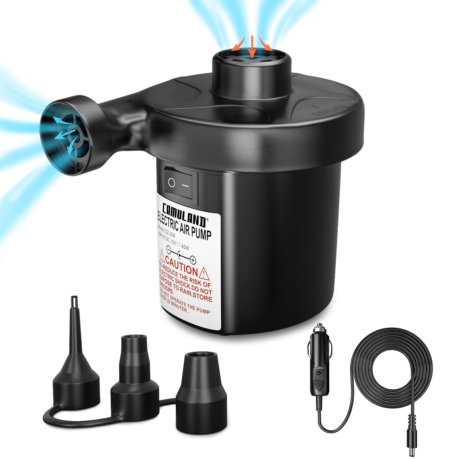 CAMULAND Portable Air Pump with 3 Nozzles - 12V Quick-Fill Electric Inflator for Air Mattress, Inflatable Pool Toys, Swimming Rings & More - ETL Certified Car Adapter - Perfect for Camping, Travel & Home Use