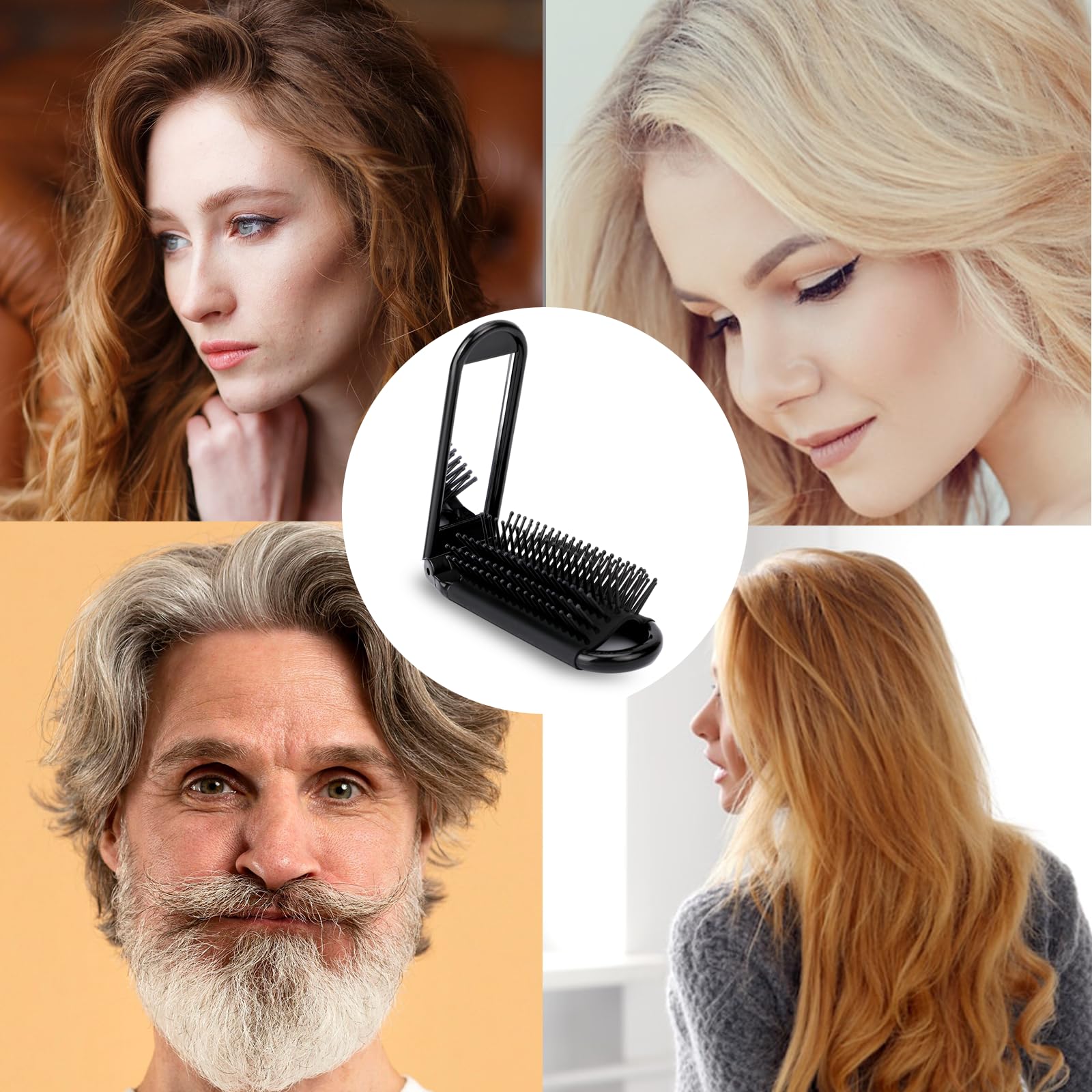 2 Pack Foldable Hair Brush with Mirror - Portable Travel Hair Brush, Pocket Size Anti-Static Mini Hairbrush, Compact Massage Comb for Women & Girls - Perfect for Home, Travel, Gym, and Purse (Black)