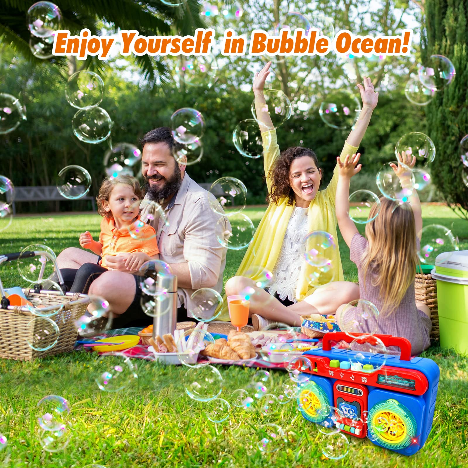 Automatic Bubble Blower Machine for Kids - 5000+ Bubbles Per Minute with Music & LED Lights | Portable Bubble Maker Toy for Indoor/Outdoor Birthday Parties, Backyard Fun, Summer Activities | Best Gift for Boys & Girls Ages 3-8 (Blue)