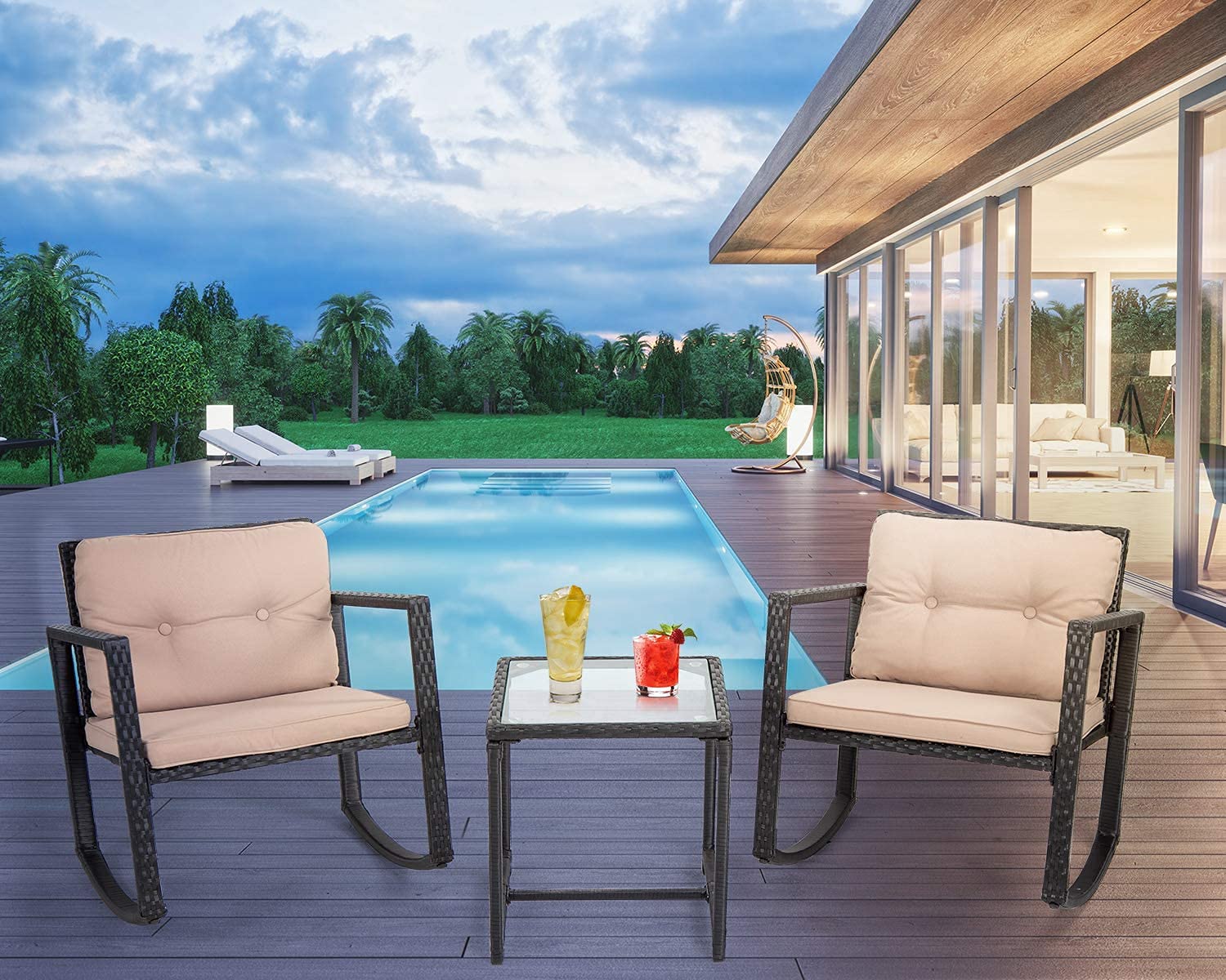 Modern 3-Piece Outdoor Patio Set - Wicker Rocking Bistro Furniture with Coffee Table for Garden, Yard & Balcony | Perfect for Relaxing, Entertaining & Outdoor Dining