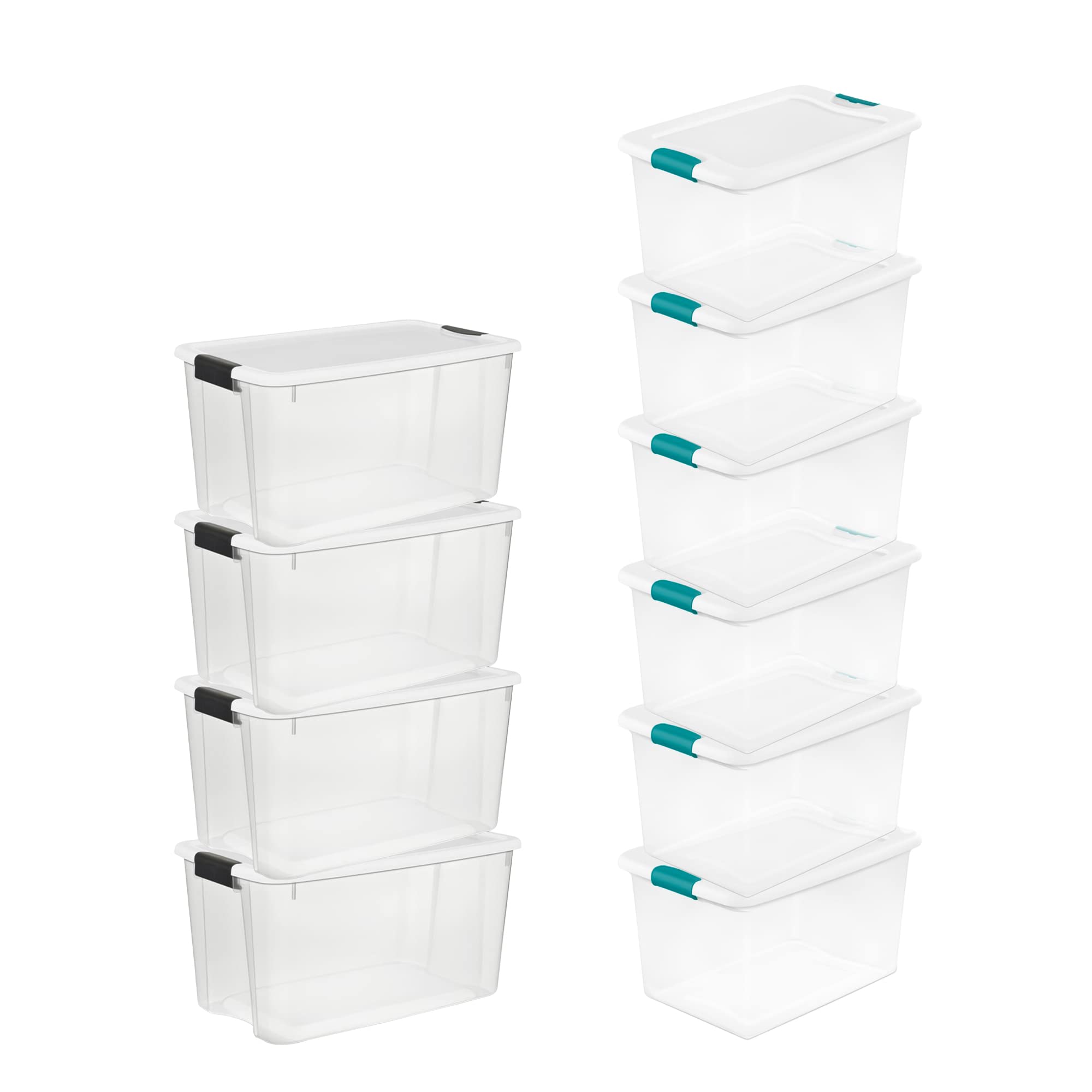 Sterilite 70 Quart & 64 Quart Clear Stackable Storage Containers with Latching Lids - 4-Pack Large + 6-Pack Medium Plastic Bins for Home Organization, Closet Storage & Moving Supplies - Durable Totes for Seasonal Decor, Toys, Clothes & Garage Organization