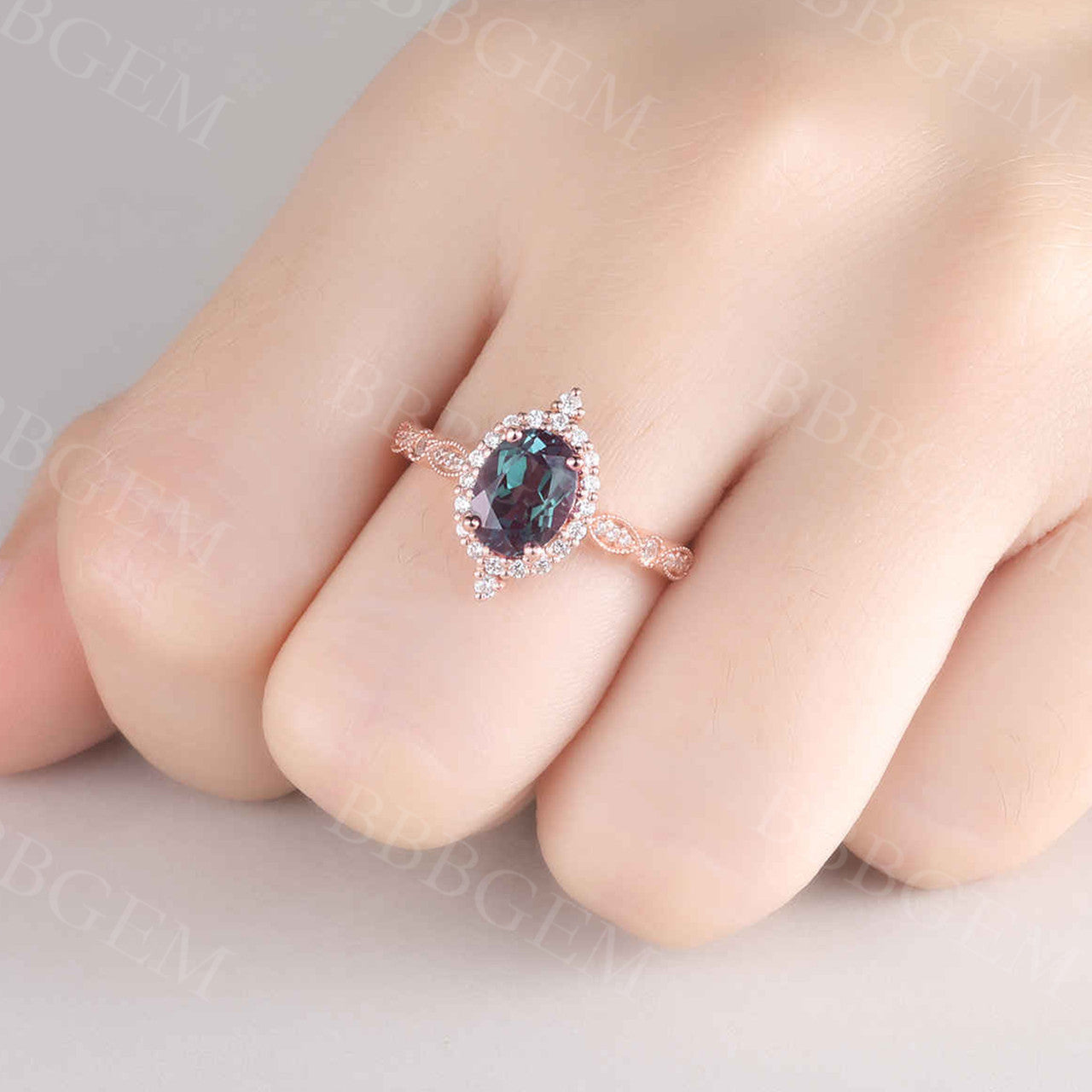 Alexandrite Ring 14K Rose Gold Vintage Engagement Ring with Halo Diamond Wedding Band for Women | Perfect for Promise, Anniversary & Bridal Jewelry Gifts