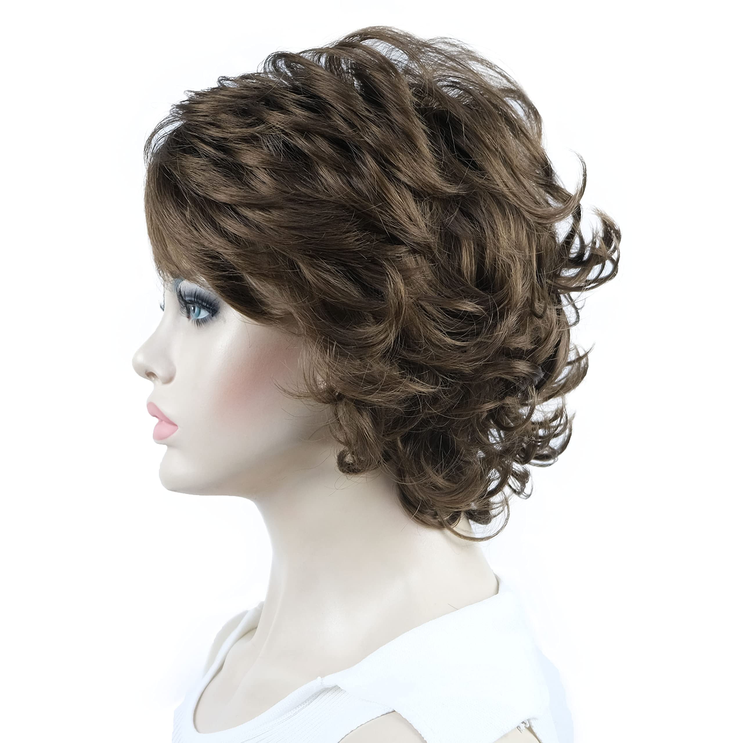 Aimole Short Curly Synthetic Wig for Women - Medium Golden Brown Layered Bangs Wig | Heat Resistant & Natural Look | Perfect for Cosplay, Daily Wear & Halloween Costumes