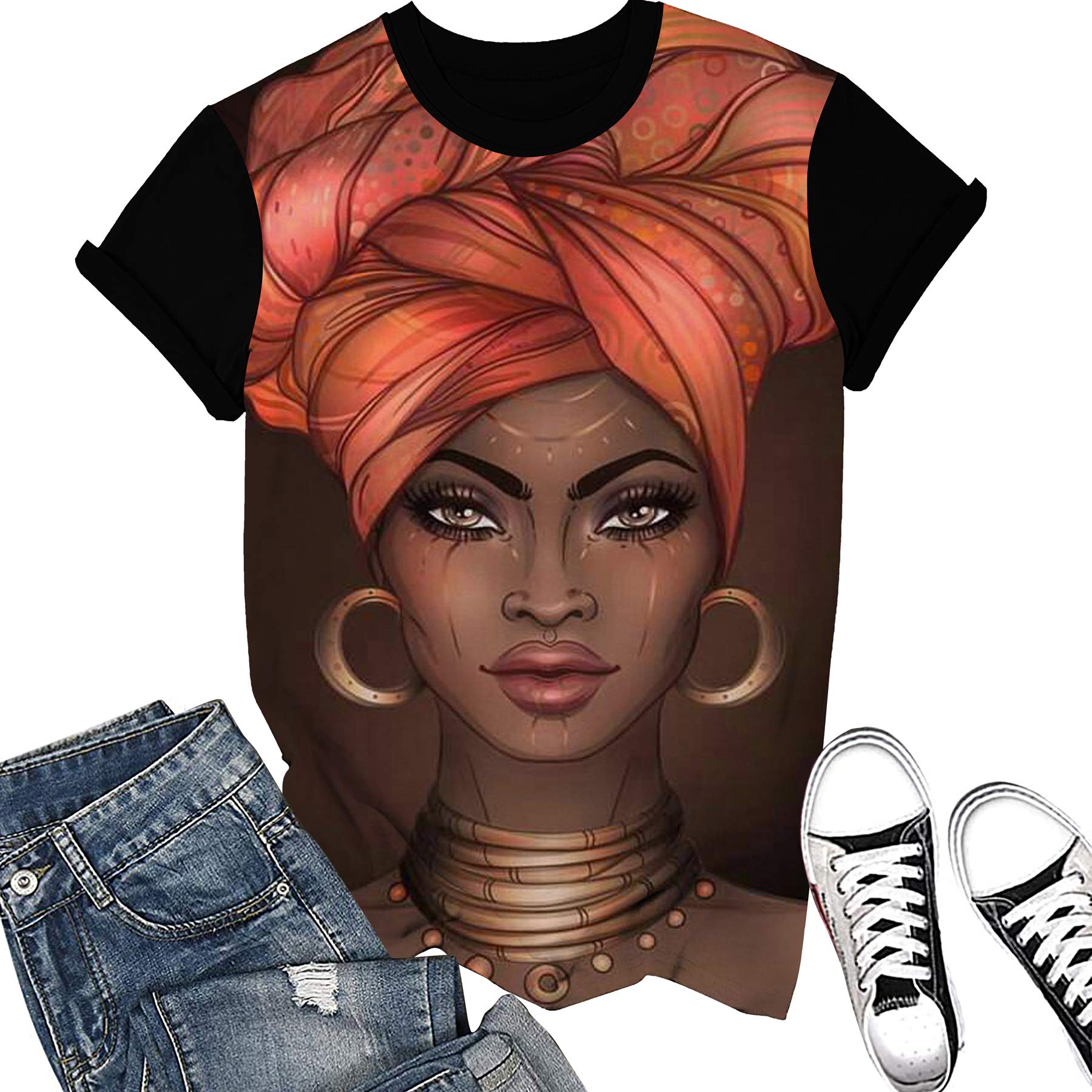 AZPSRT Women's Afro Girl T-Shirt - African American Black Natural Hair 3D Floral Print Casual Tee | Perfect for Everyday Wear, Street Style & Cultural Events