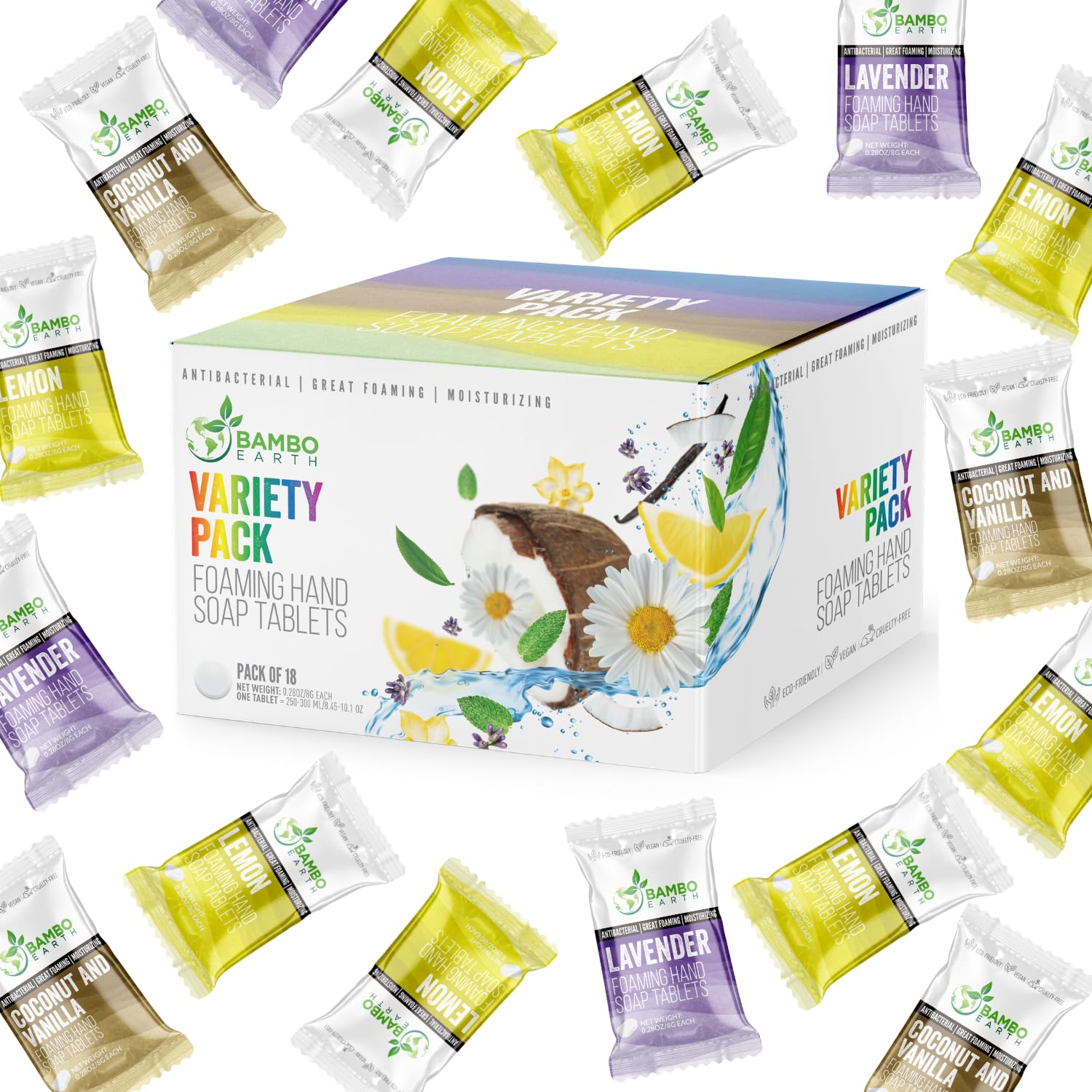 18 Pack Natural Foaming Hand Soap Tablets - Eco-Friendly Refillable Hand Wash Tablets for Sensitive Skin | 1 Tablet = 9oz Liquid Soap | Variety Pack for Home, Office & Travel | Moisturizing & Gentle Foaming Hand Wash