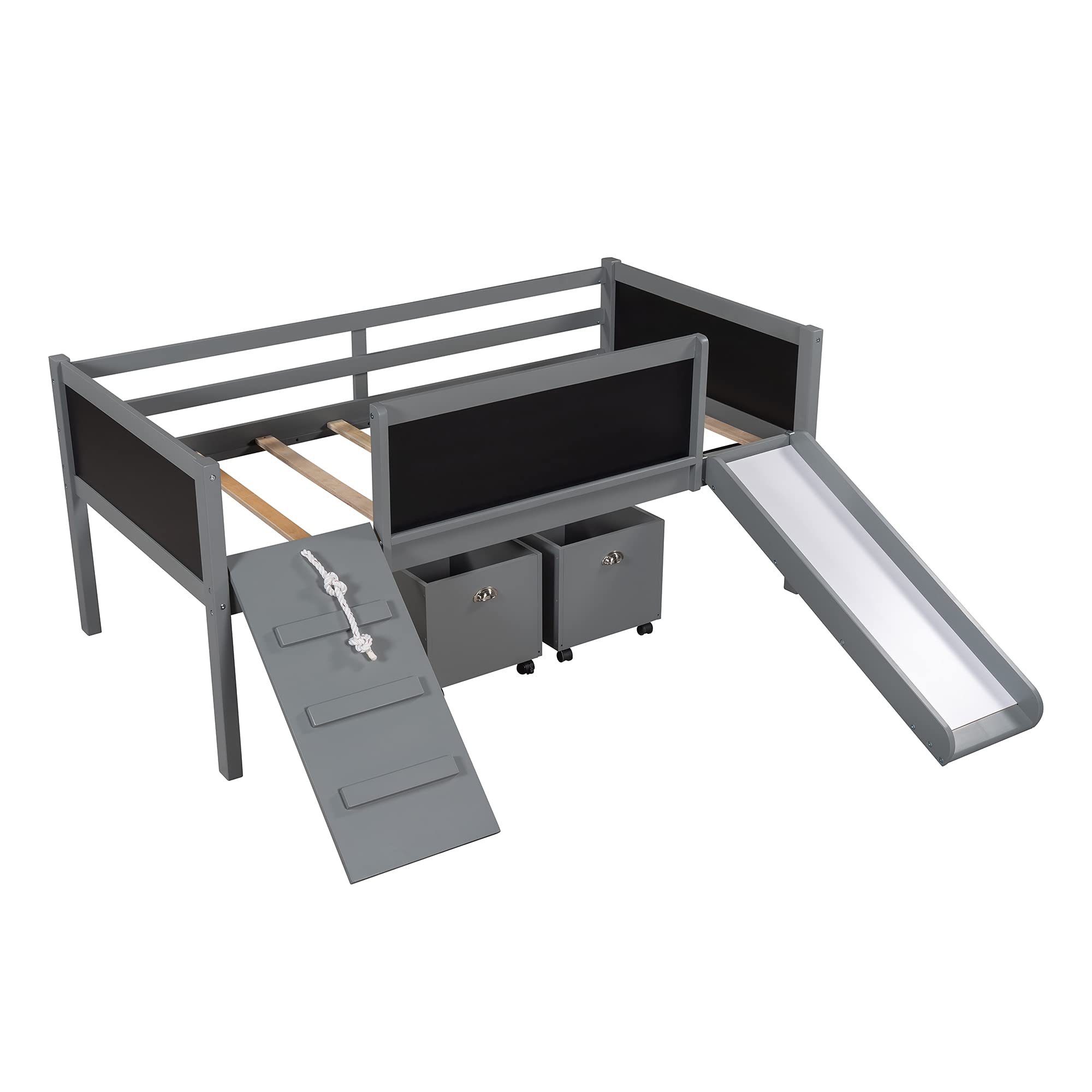 Twin Size Solid Wood Loft Bed for Kids - Low Bunk Bed Frame with Storage Boxes, Climbing Ladder, Rope & Double-Sided Chalkboard | No Box Spring Needed (Gray & Natural Wood) - Perfect for Small Bedrooms, Playrooms & Kids' Dorm Rooms