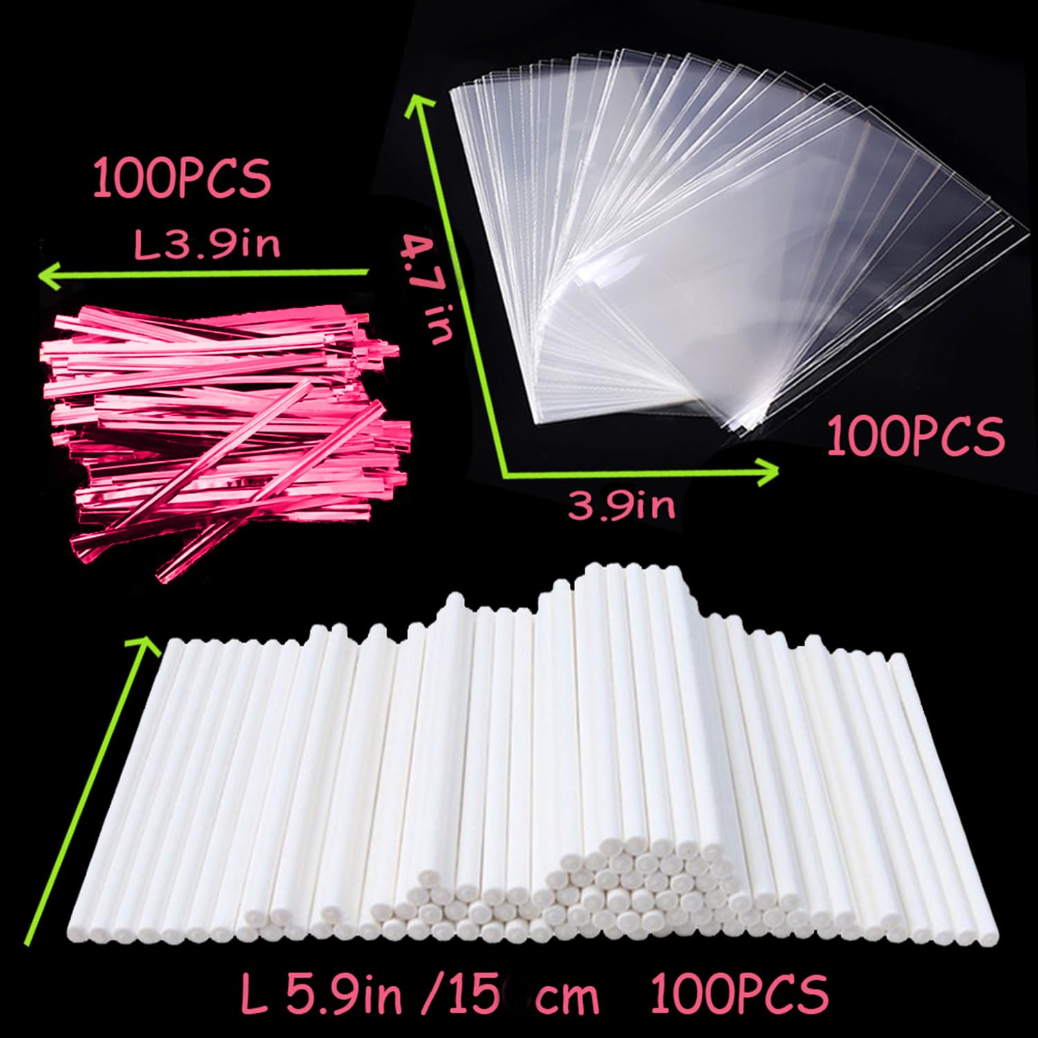 300pcs Cake Pops Kit with 100pcs 6 Inch Lollipop Sticks, 100pcs Cake Pops Bags & 100pcs Pink Metal Twist Ties - DIY Candy Making Supplies for Lollipops, Cake Pops, Chocolate - Perfect for Birthday Parties, Baby Showers & Holiday Treats