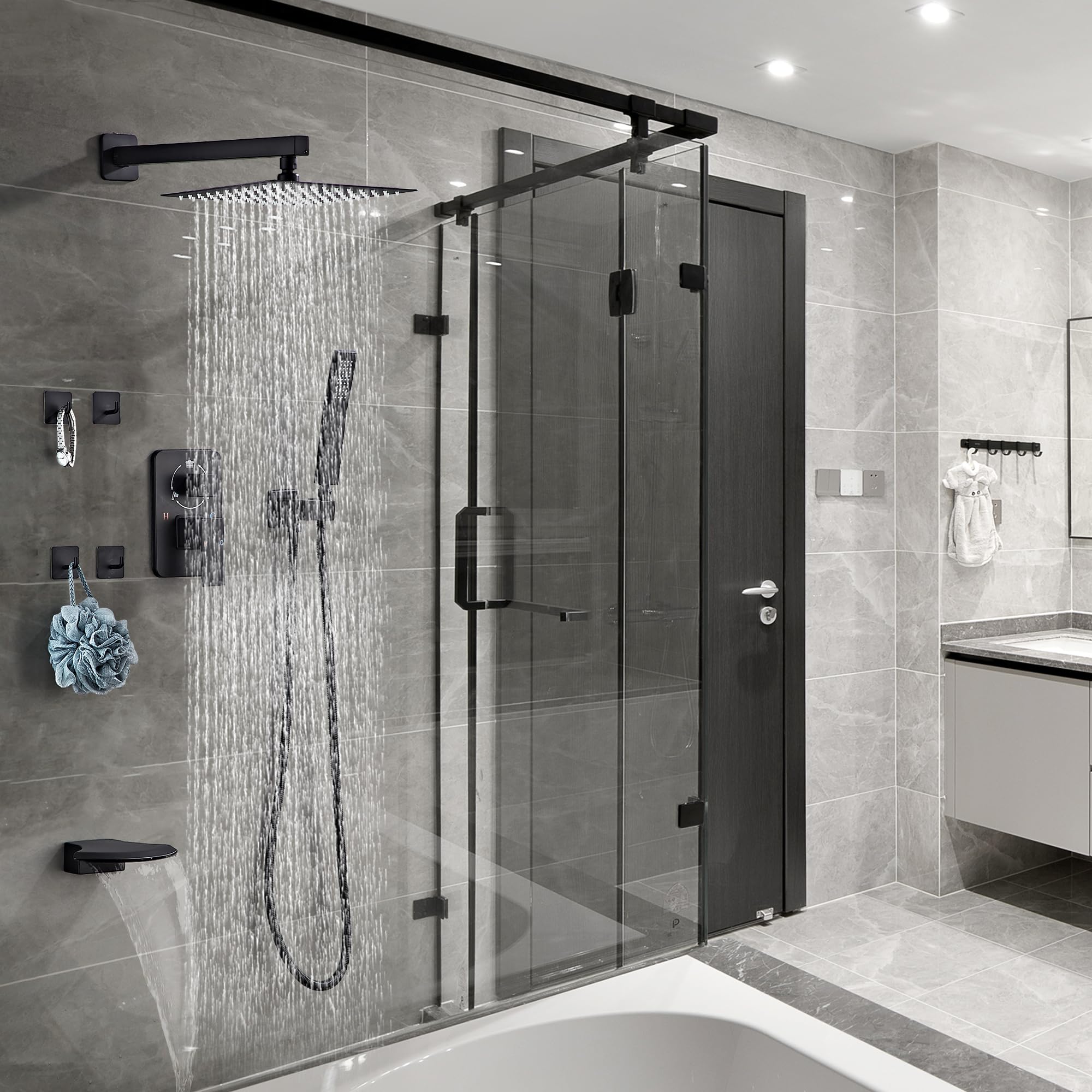 Premium Matte Black Rainfall Shower System - 10