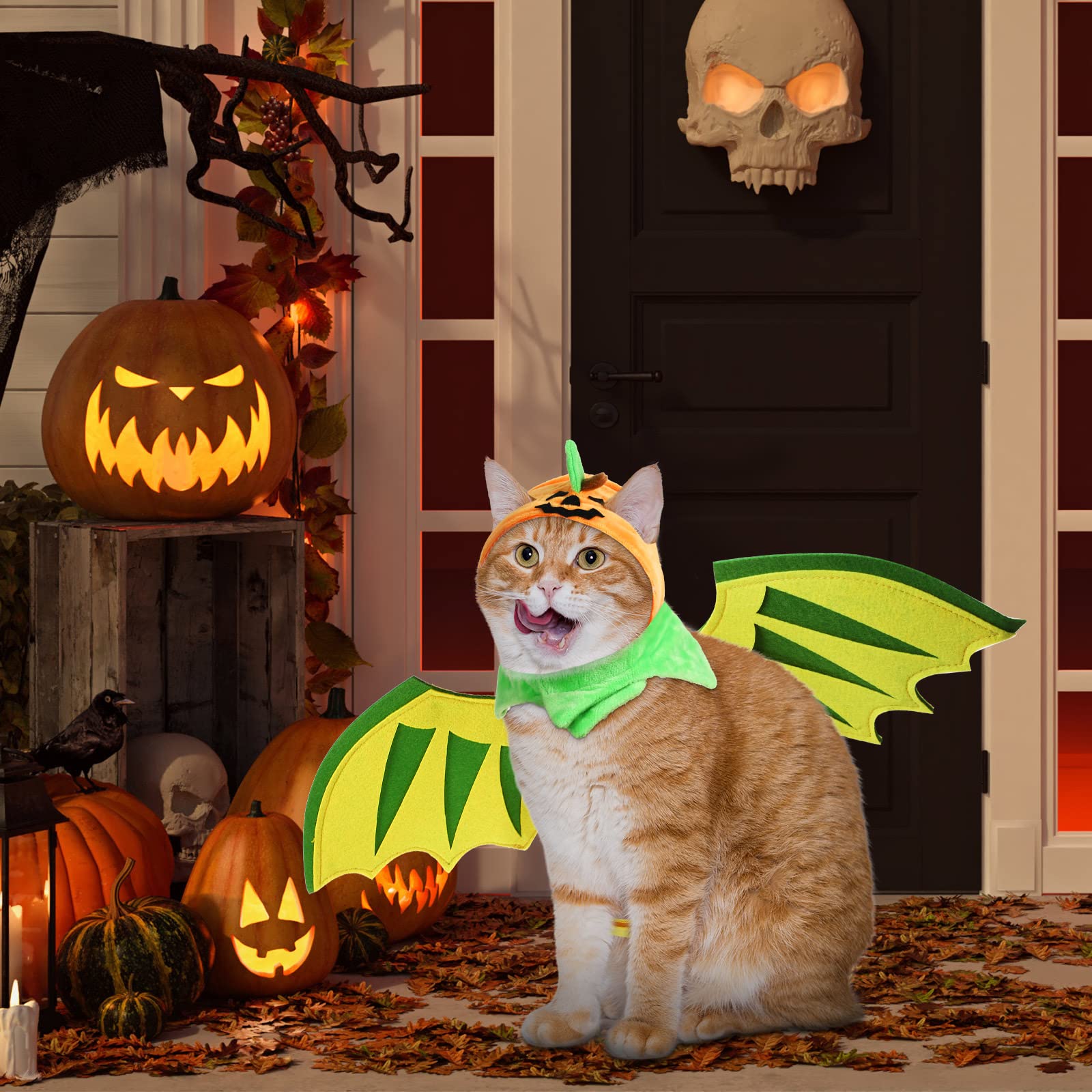 4PCS Halloween Cat Costume Set - Pumpkin Cape, Cute Hat & Bat Wings with Bell | Pet Cosplay Dress Up Accessories for Halloween Parties & Photo Shoots
