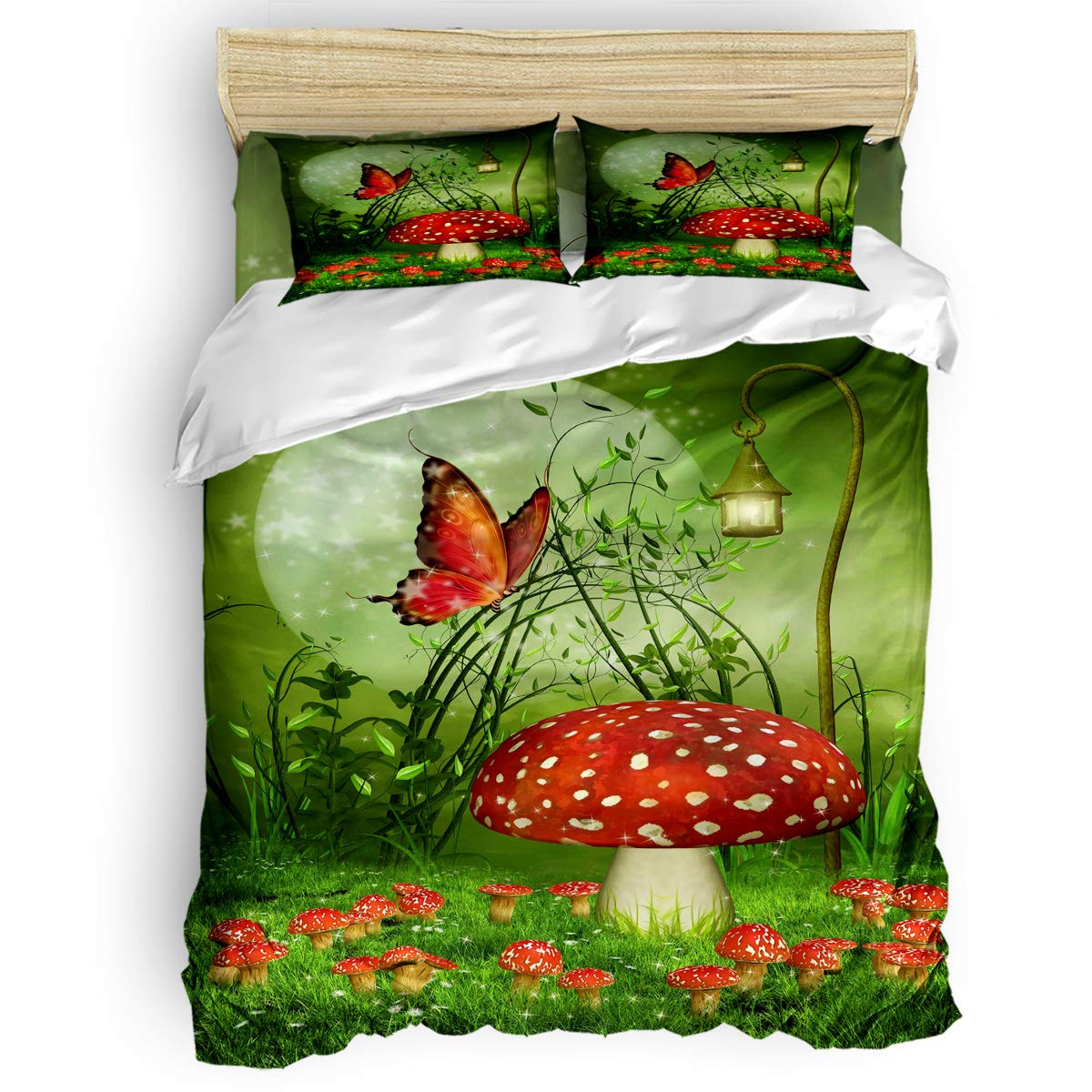 Fairyland Red Mushroom Duvet Cover Set Full Size 4Pcs - Artistic Printed Bedding Set with Comforter Cover, Pillowcases & Flat Sheet for Bedroom, Kids Room & Hotel Decor | Soft & Comfortable for Cozy Sleep & Whimsical Home Decor