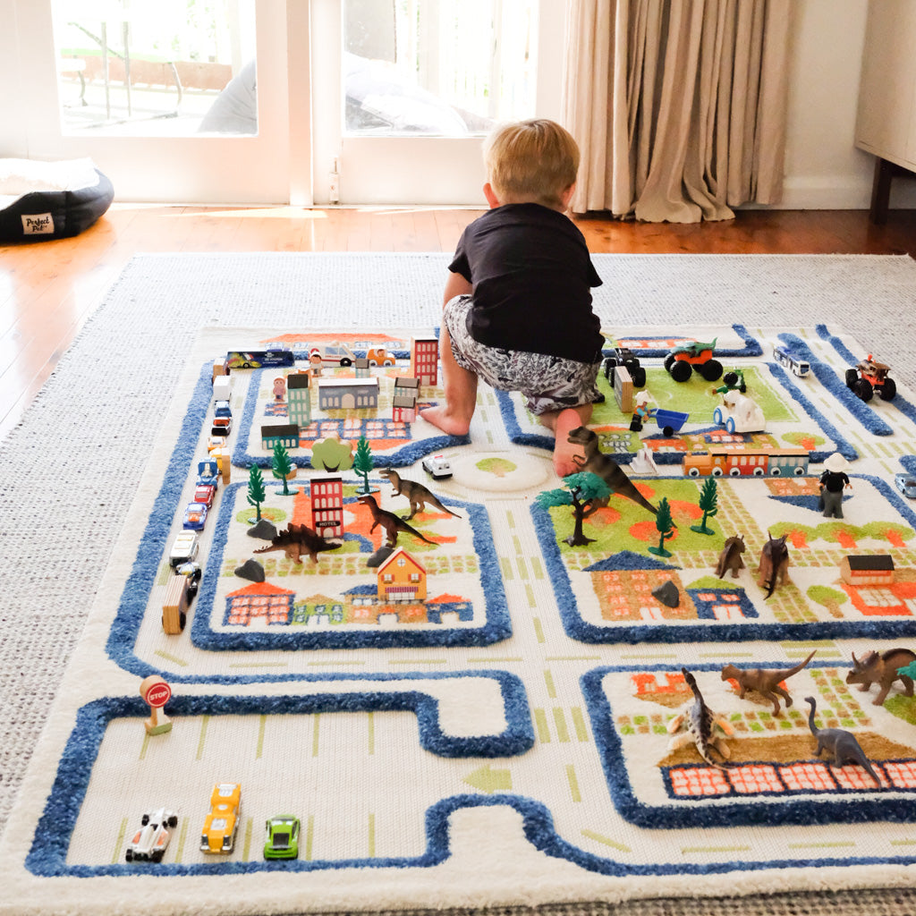 IVI Play Rug Traffic Blue Large - Non-Slip Kids Play Mat for Safe Indoor & Outdoor Activities - Perfect for Playrooms, Daycares, and Backyard Fun