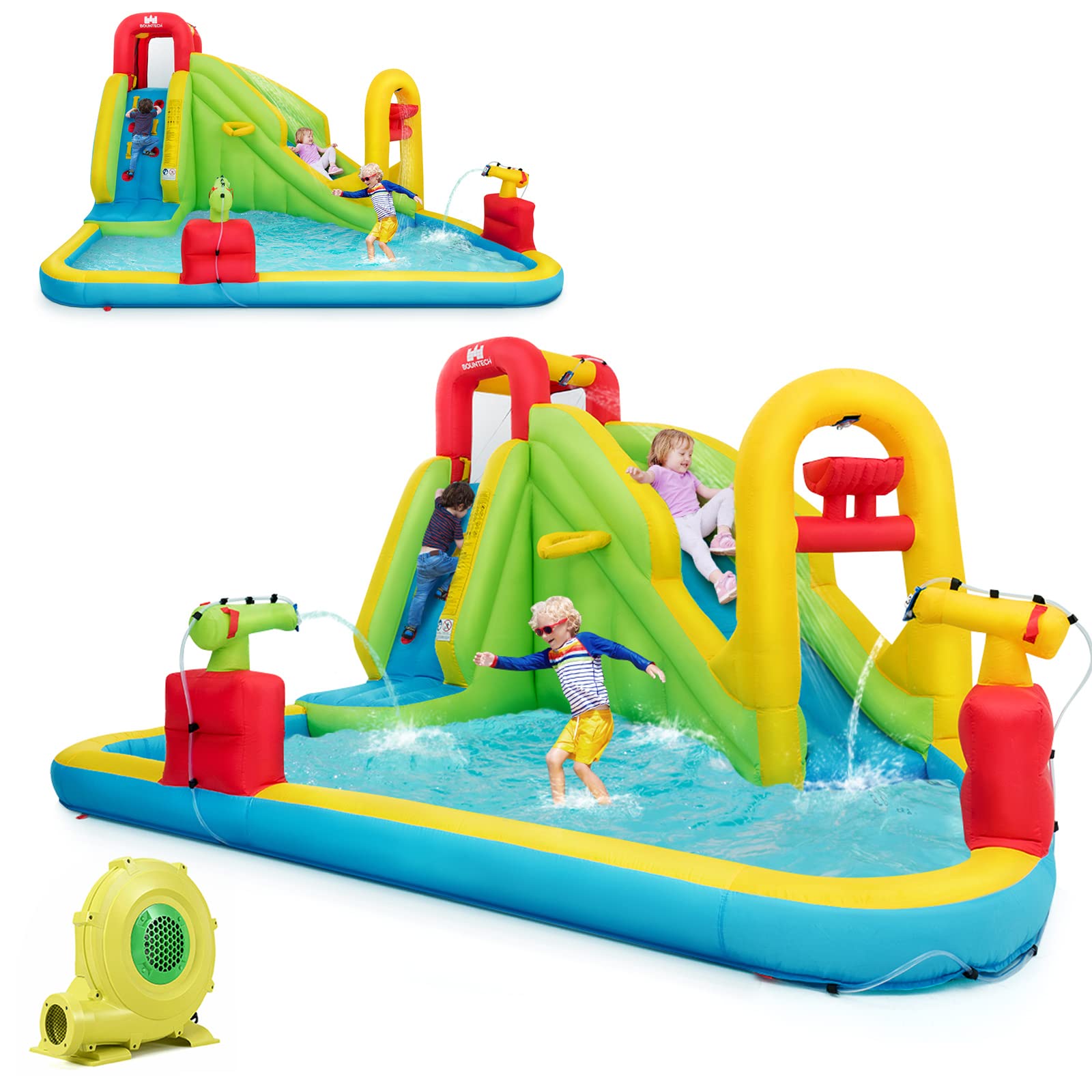 BOUNTECH 7-in-1 Giant Inflatable Water Slide Park with 480W Blower - Bounce House with Tunnel, 2 Water Cannons, Climbing Wall & Splash Pool - Outdoor Water Slides for Kids & Adults - Perfect for Backyard Parties, Summer Fun & Family Gatherings