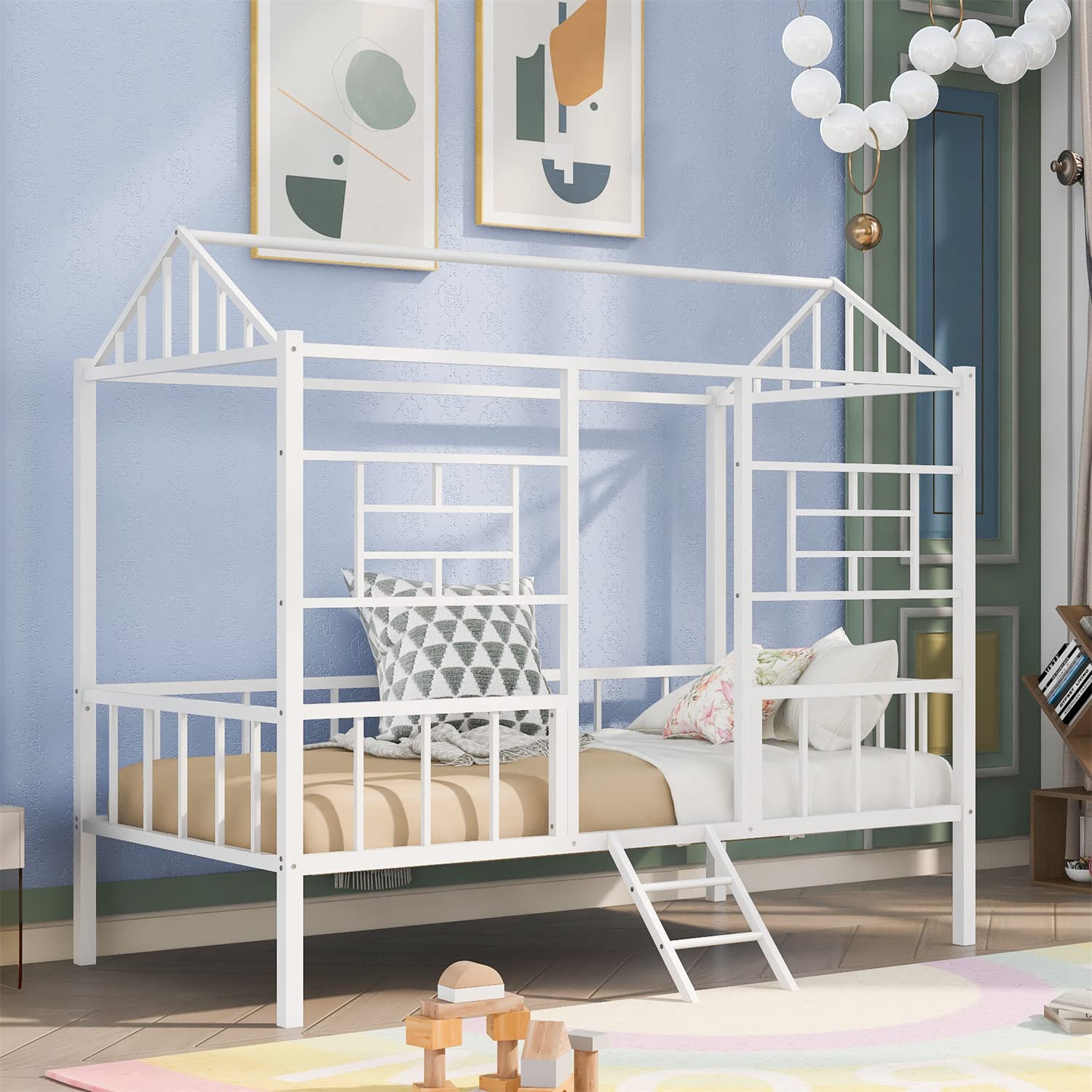 **White Twin Size Metal Loft Bed with Roof & Windows - Low Profile House Loft Bed Frame with Ladder & Full-Length Guardrail, 12