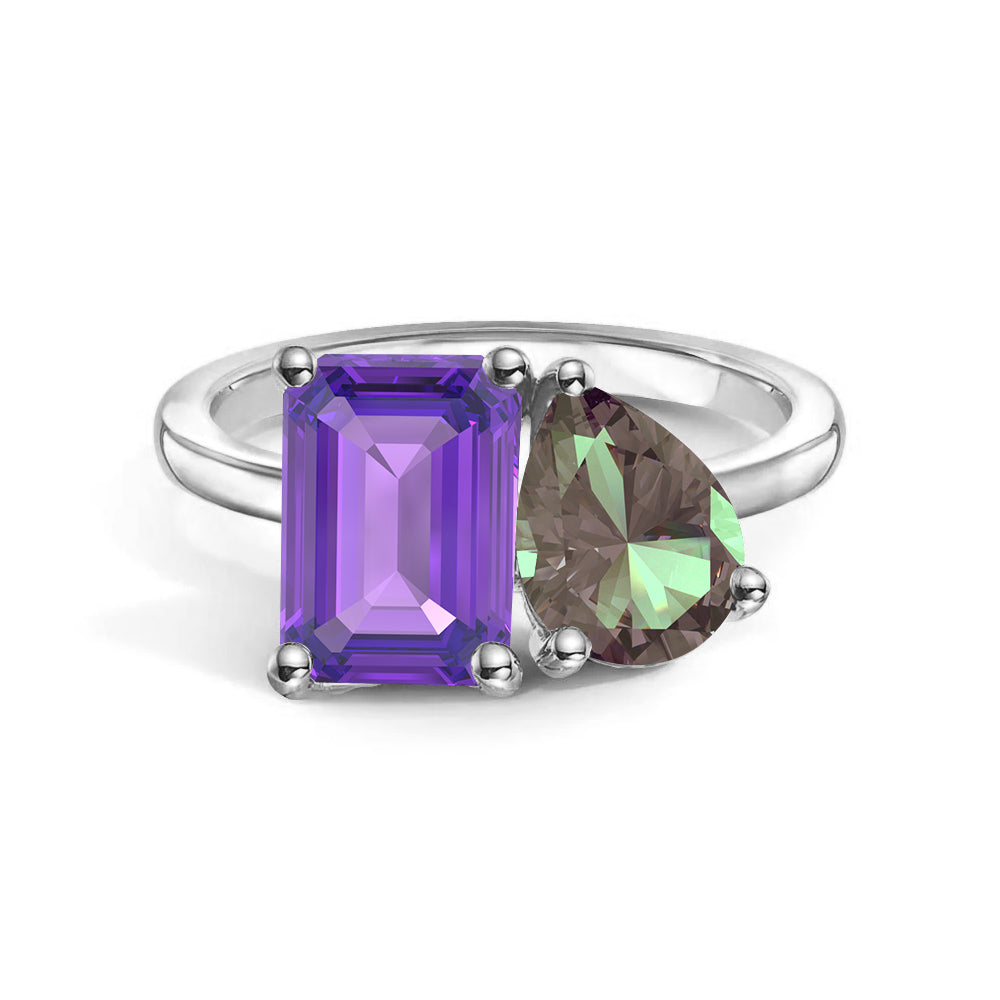 Personalized Toi et Moi Amethyst Birthstone Ring - Custom Anniversary Jewelry for Couples, Gift for Her, Romantic Proposal & Wedding Band