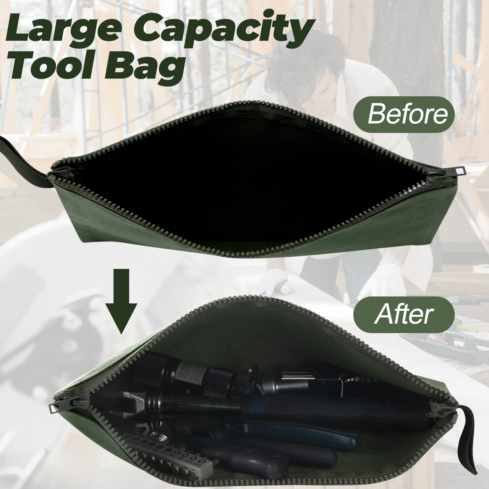 12-Piece Heavy Duty Canvas Tool Organizer Bags - 16oz Zippered Utility Pouches (11.8