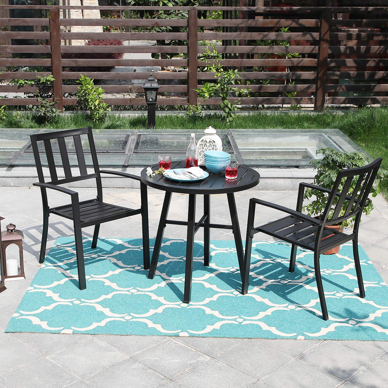 PHI VILLA 3-Piece Metal Patio Bistro Set - 28-Inch Steel Top Outdoor Table & Chairs - Perfect for Garden, Balcony, and Small Space Dining