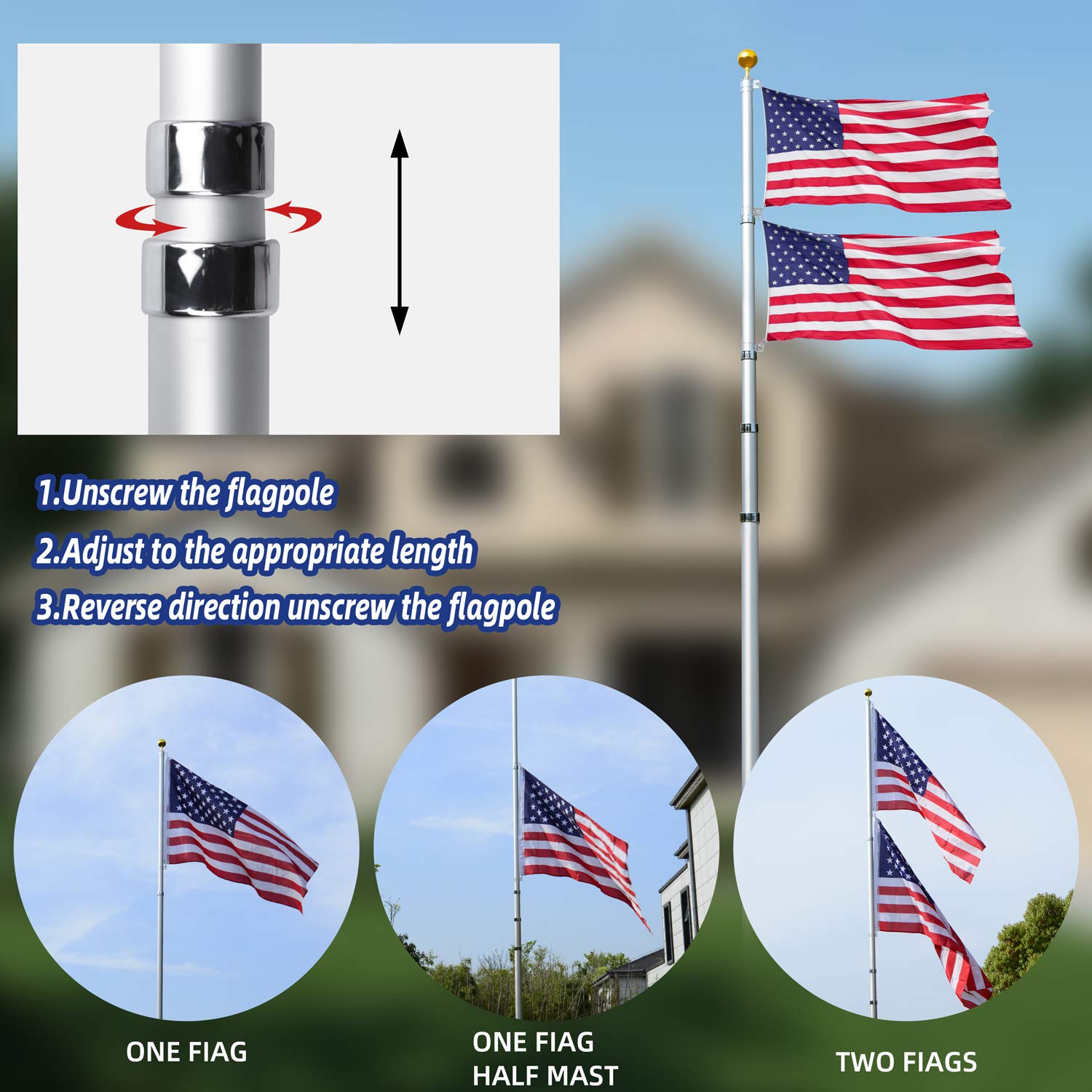 **30Ft Heavy Duty Aluminum Telescoping Flag Pole Kit - 14 Gauge, 2 Flags Capacity with 3x5 American Flag & Golden Ball Top - Ideal for Commercial, Residential, Schools & Patriotic Events**