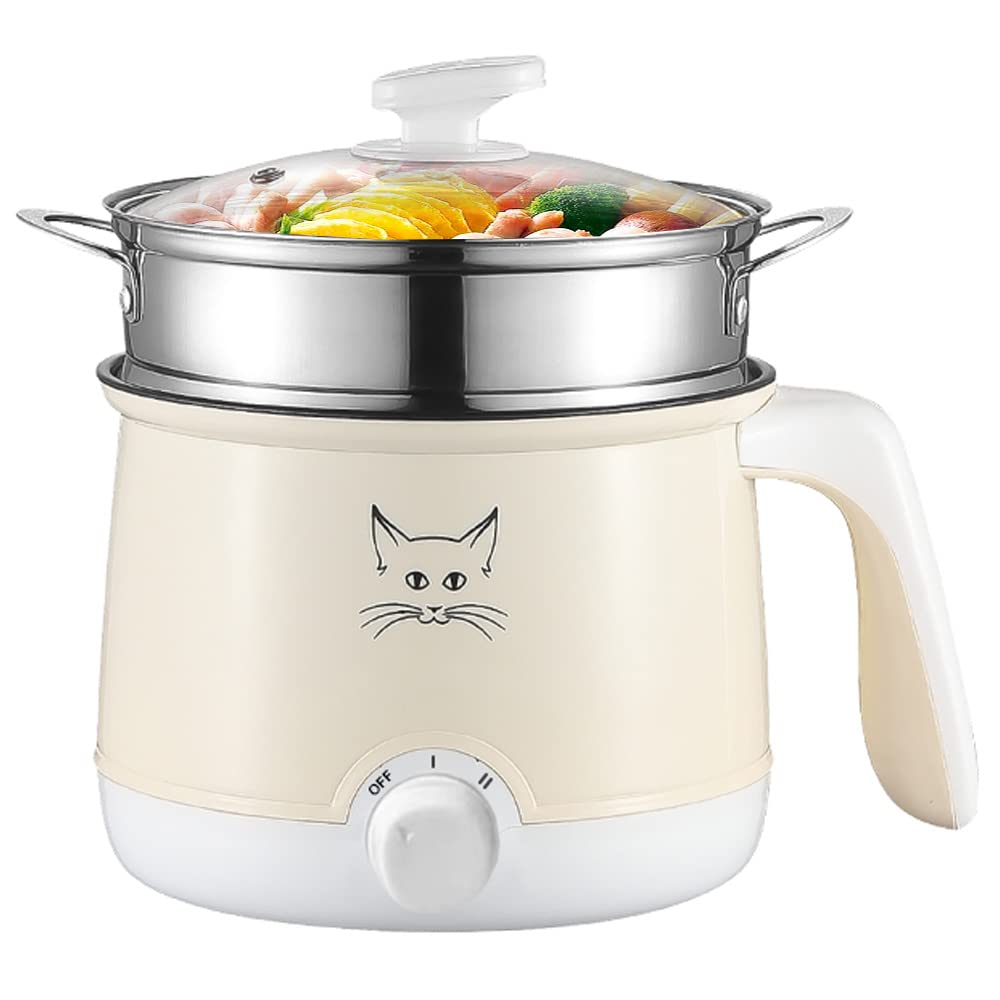 Electric Hot Pot with Temperature Control - 1.8L Mini Cooker for Ramen, Soup, Noodles, Steak & Oatmeal - Fast Heating Portable Rice Cooker for Dorm, Office & Small Kitchen (Khaki)
