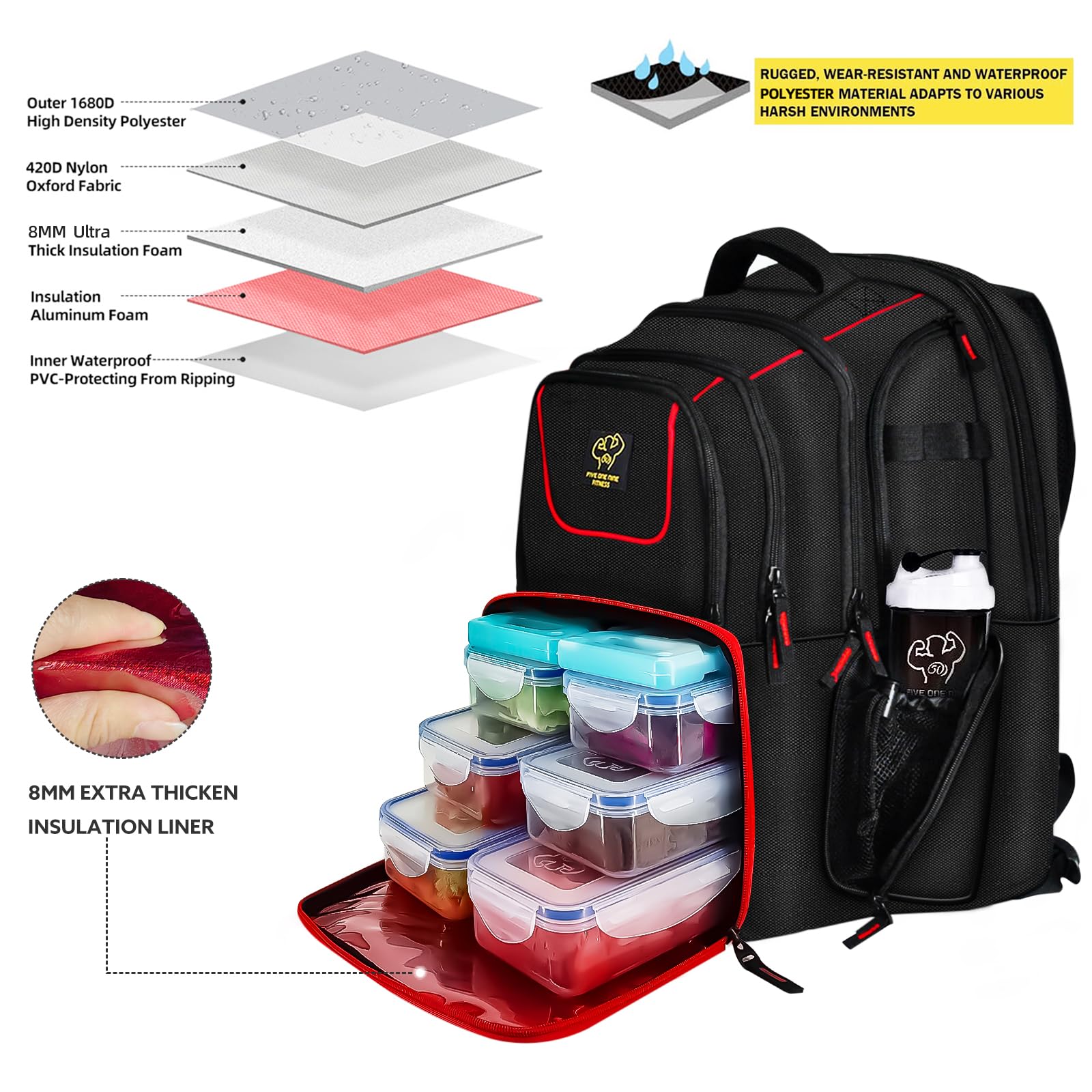 519 Fitness Meal Prep Backpack - 6 Meal Insulated Bodybuilding Gym Bag with Laptop Compartment for Men & Women | Perfect for Hiking, Picnic & Workout | Includes 6 Leakproof Food Containers, 2 Ice Packs & Shaker Bottle | Ideal for Bodybuilders, Athletes & Outdoor Enthusiasts