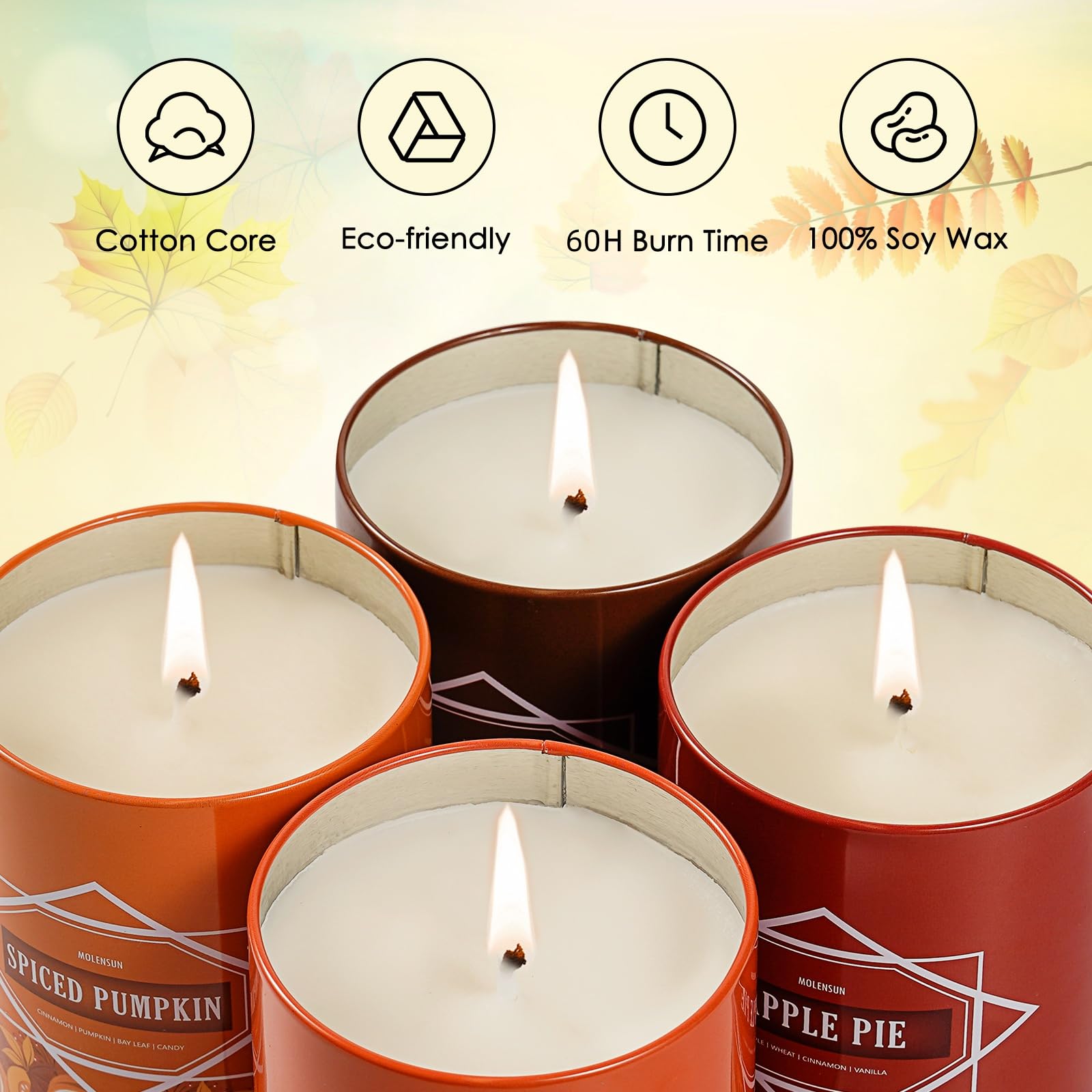 Winter Holiday Candle Set - 4 Pack 36oz Soy Candles with Festive Scents (Cinnamon Clove, Spiced Pumpkin, Apple Pie, Hello Fall) - Perfect for Home Decor, Christmas Gifts for Women & Men - Create Cozy Atmosphere for Winter Evenings, Holiday Parties & Romantic Dinners